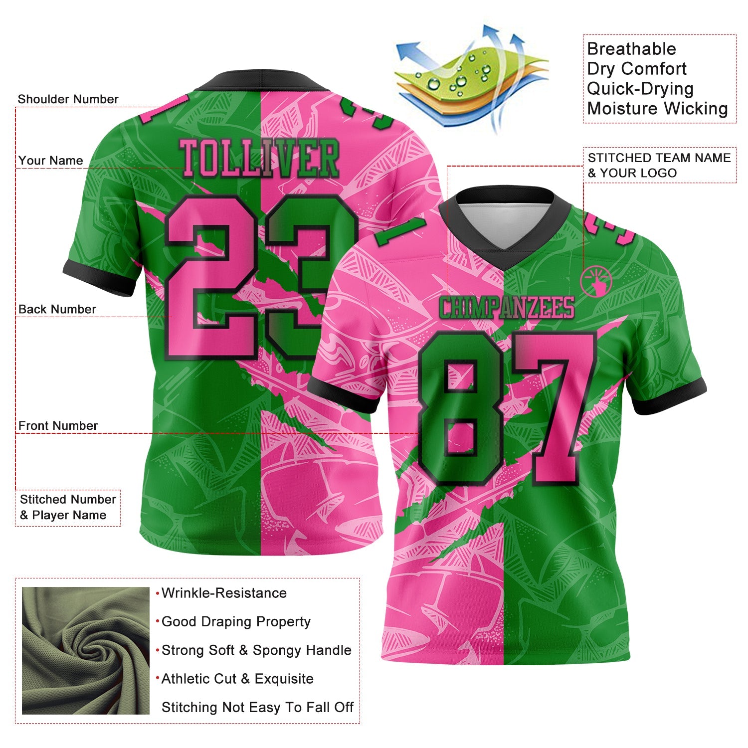 Custom Grass Green Pink-Black Authentic Gradient Fashion Scratch Football Jersey view 3