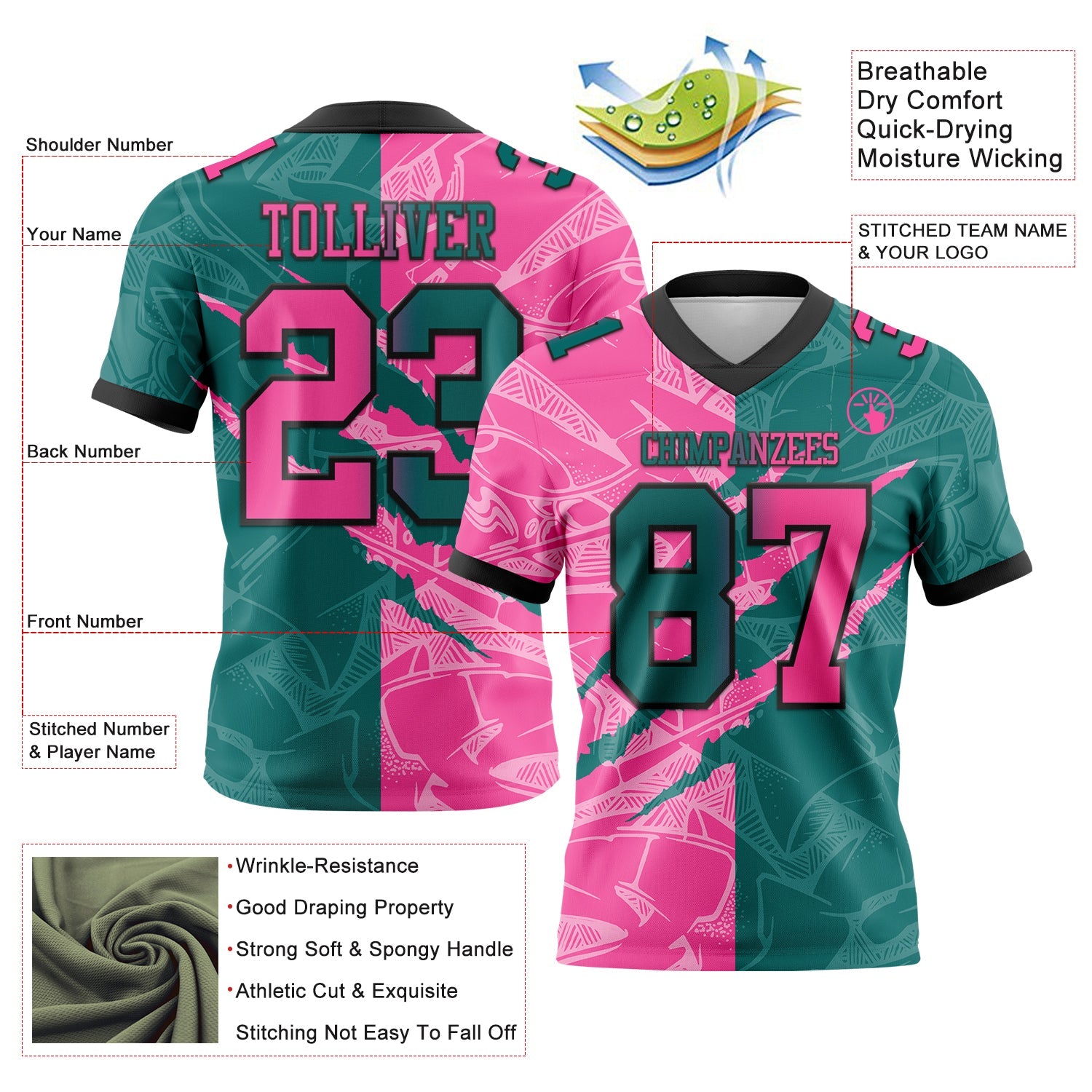 Custom Teal Pink-Black Authentic Gradient Fashion Scratch Football Jersey view 3