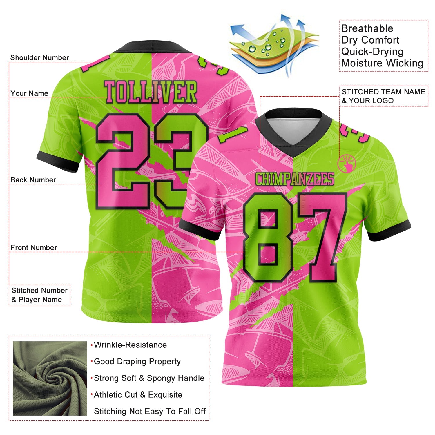 Custom Neon Green Pink-Black Authentic Gradient Fashion Scratch Football Jersey view 3