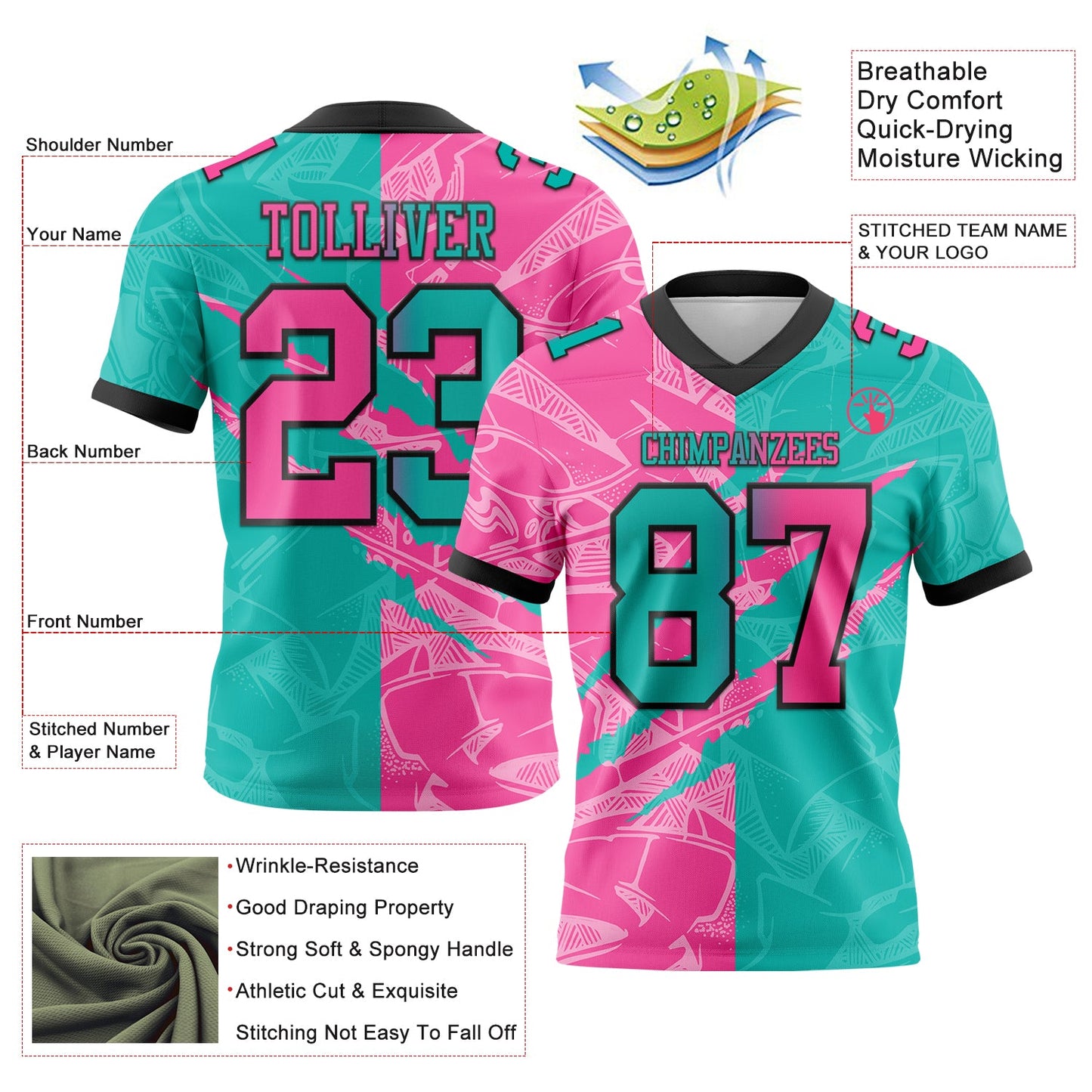 Custom Aqua Pink-Black Authentic Gradient Fashion Scratch Football Jersey view 3