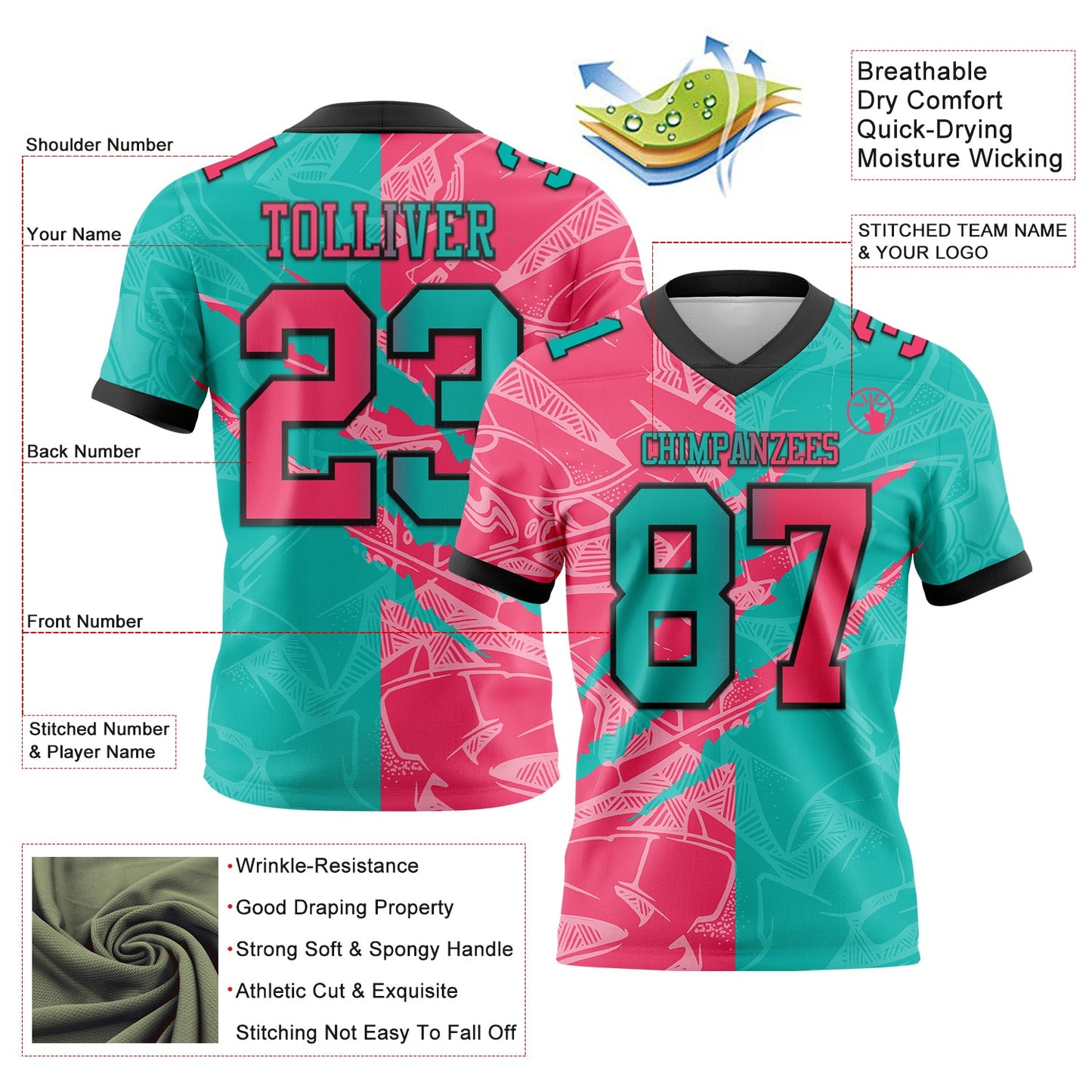 Custom Aqua Neon Pink-Black Authentic Gradient Fashion Scratch Football Jersey view 3