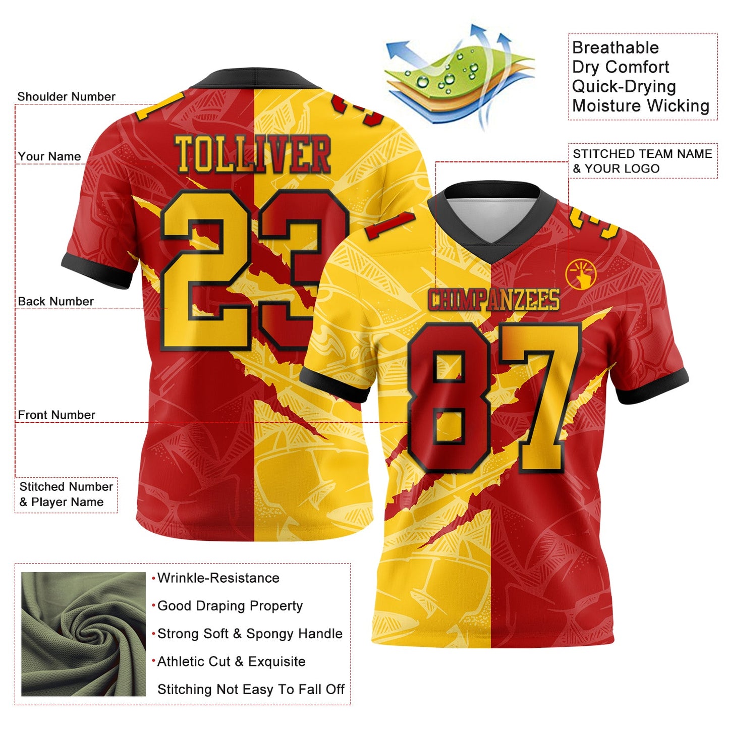 Custom Red Yellow-Black Authentic Gradient Fashion Scratch Football Jersey view 3
