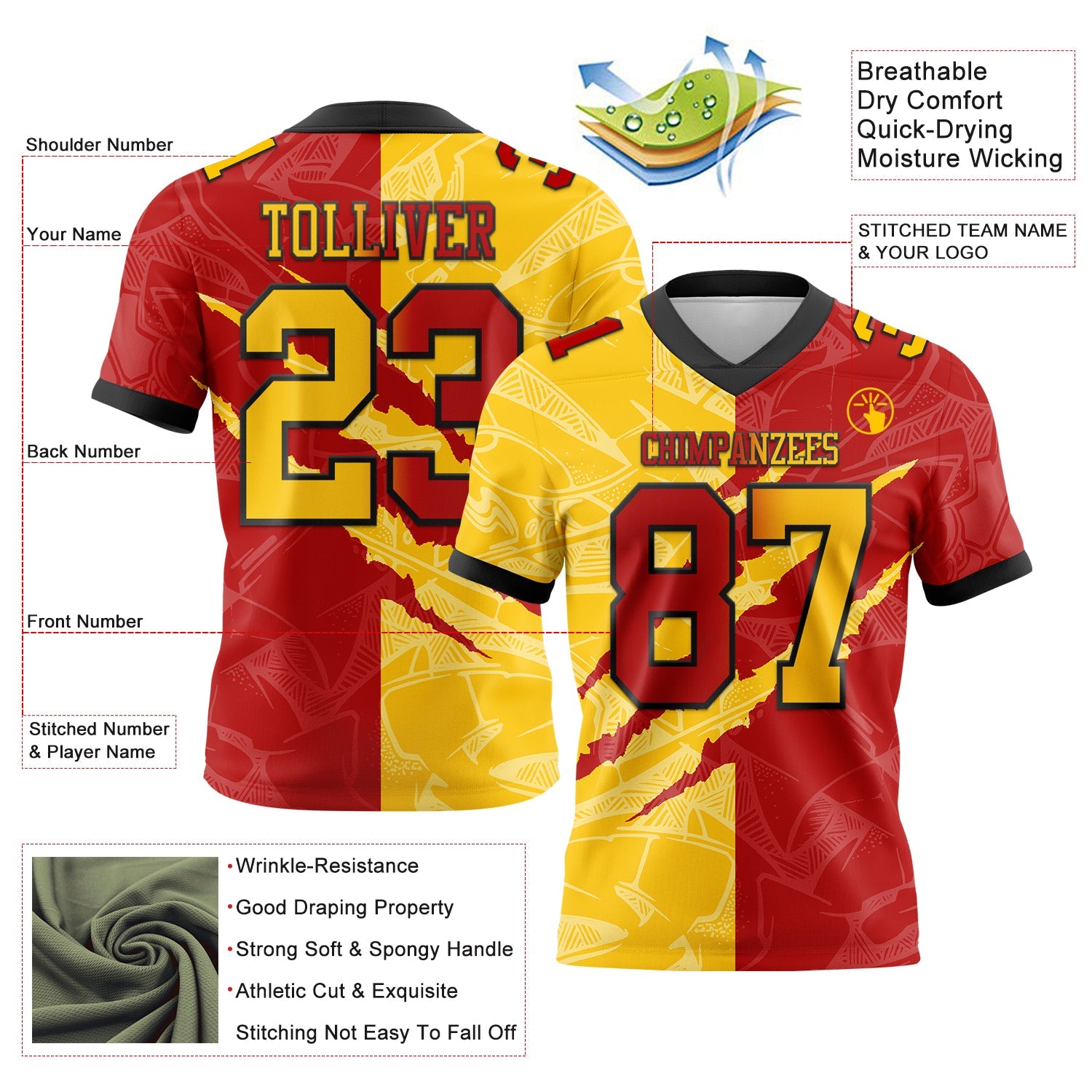 Custom Red Yellow-Black Authentic Gradient Fashion Scratch Football Jersey view 3