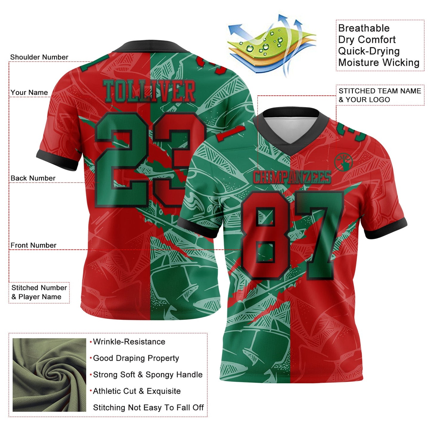 Custom Red Kelly Green-Black Authentic Gradient Fashion Scratch Football Jersey view 3