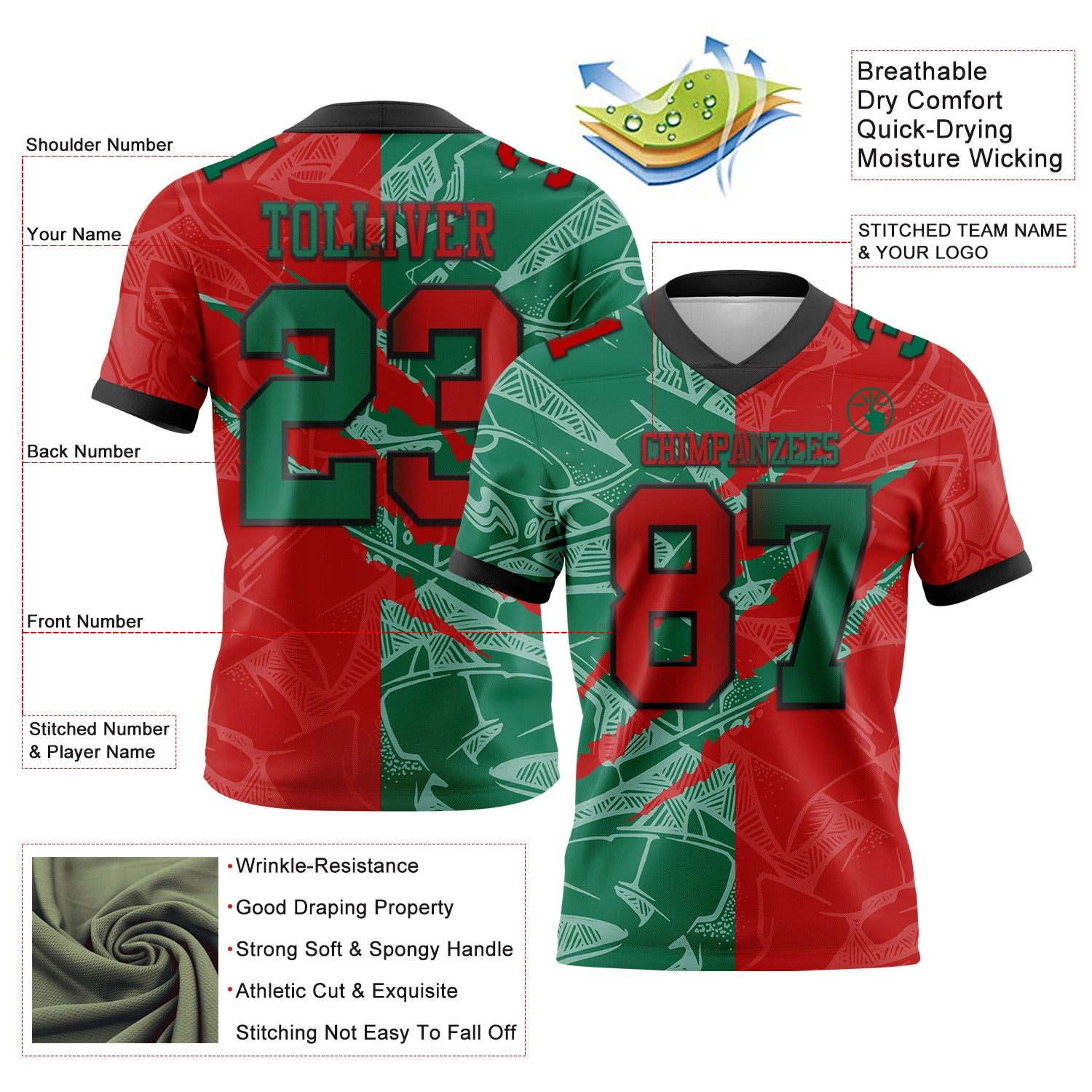 Custom Red Kelly Green-Black Authentic Gradient Fashion Scratch Football Jersey view 3