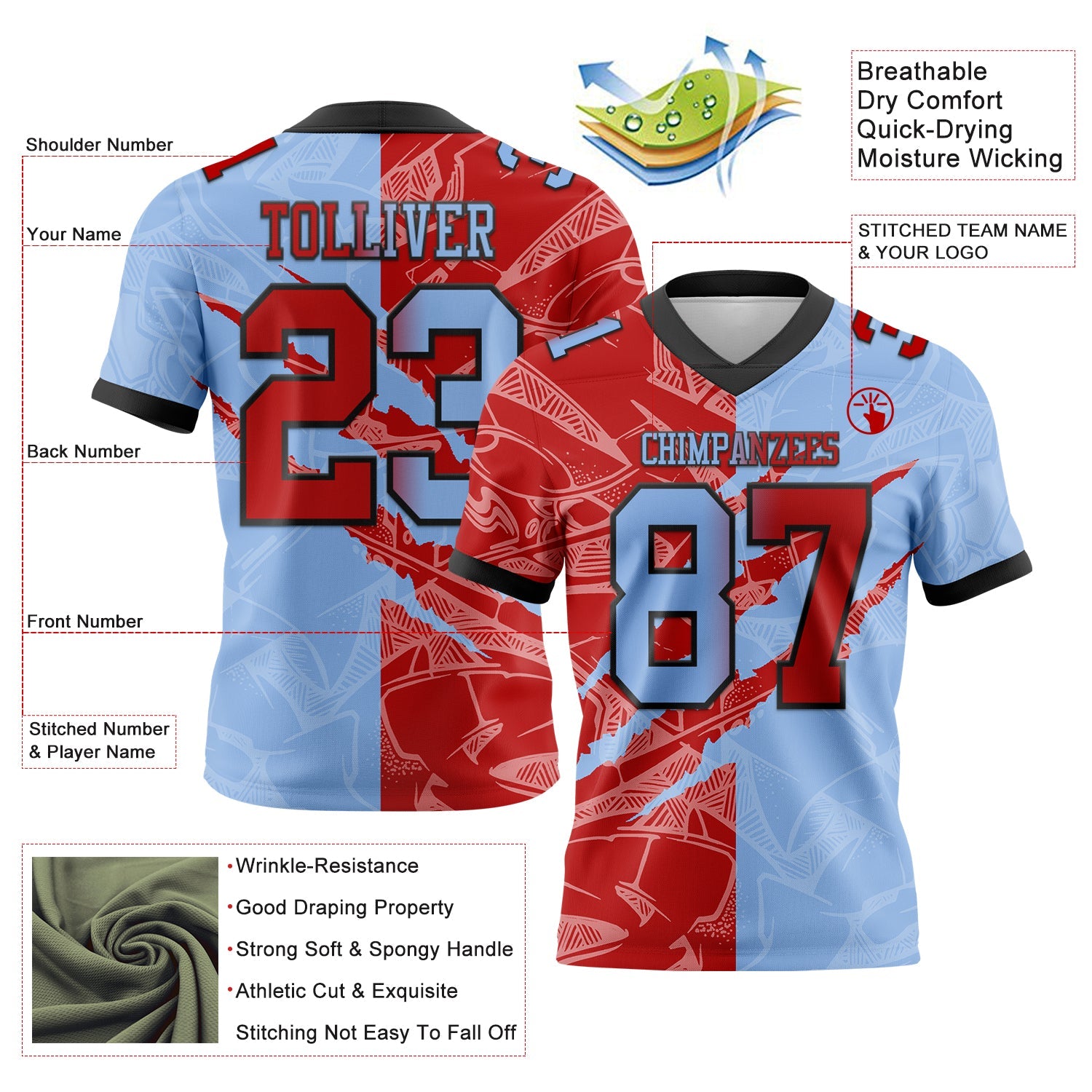 Custom Light Blue Red-Black Authentic Gradient Fashion Scratch Football Jersey view 3