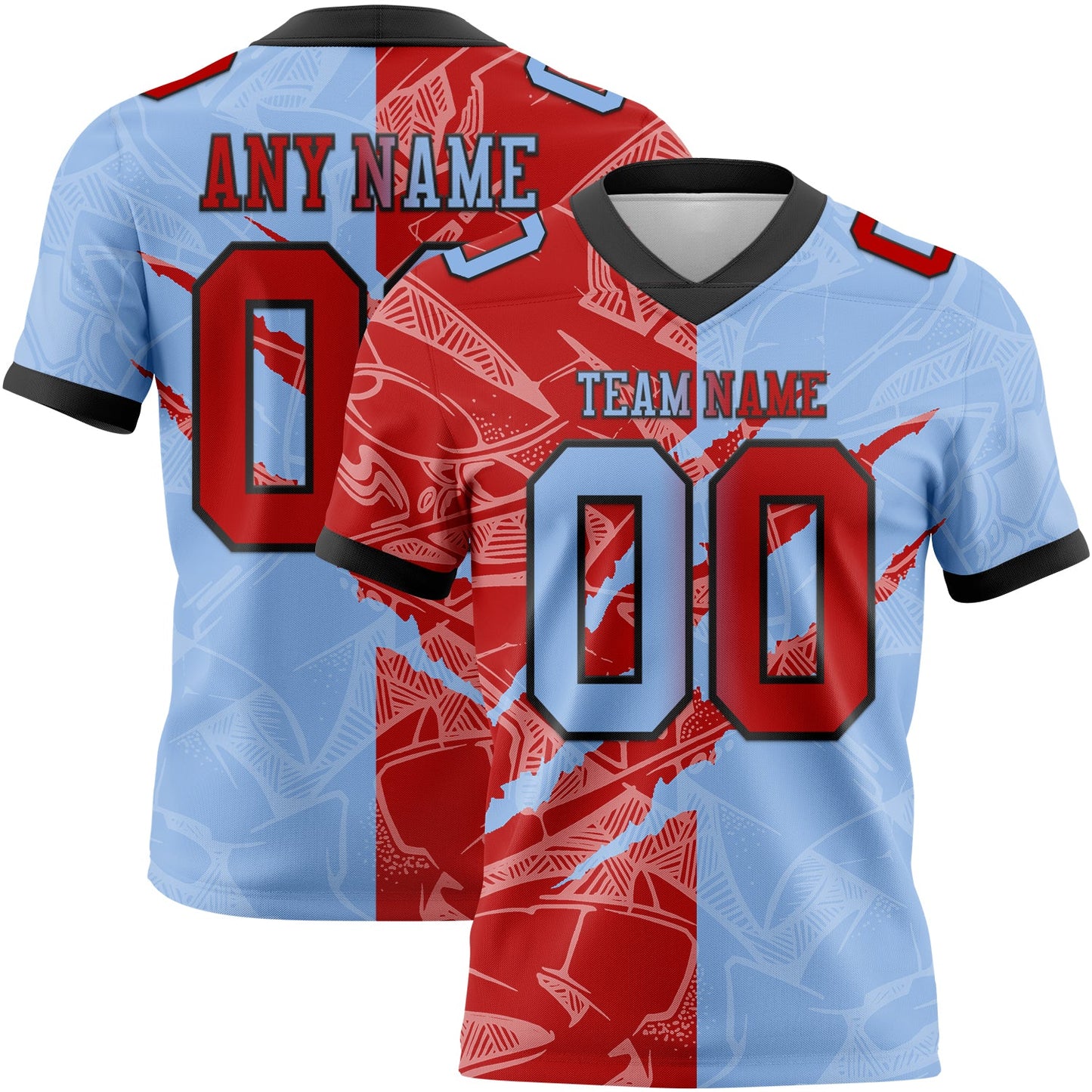 Custom Light Blue Red-Black Authentic Gradient Fashion Scratch Football Jersey - Main View