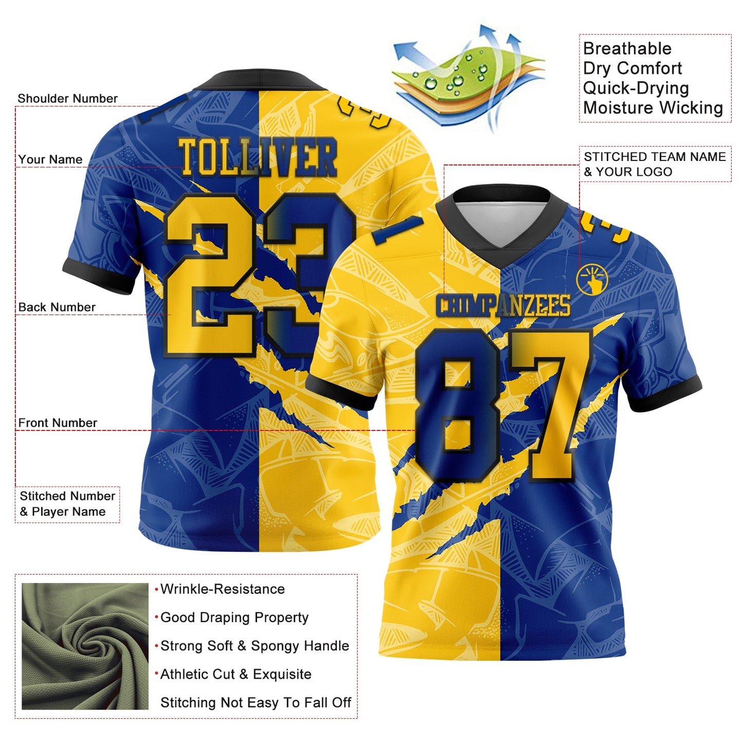 Custom Royal Yellow-Black Authentic Gradient Fashion Scratch Football Jersey view 3