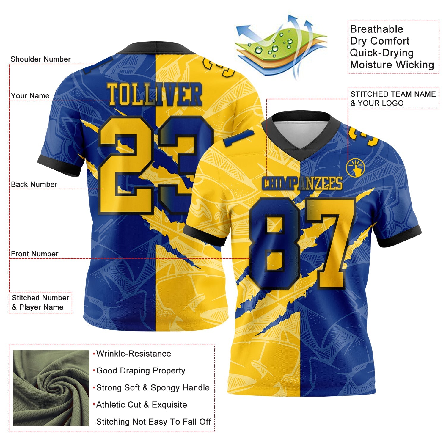Custom Royal Yellow-Black Authentic Gradient Fashion Scratch Football Jersey view 3