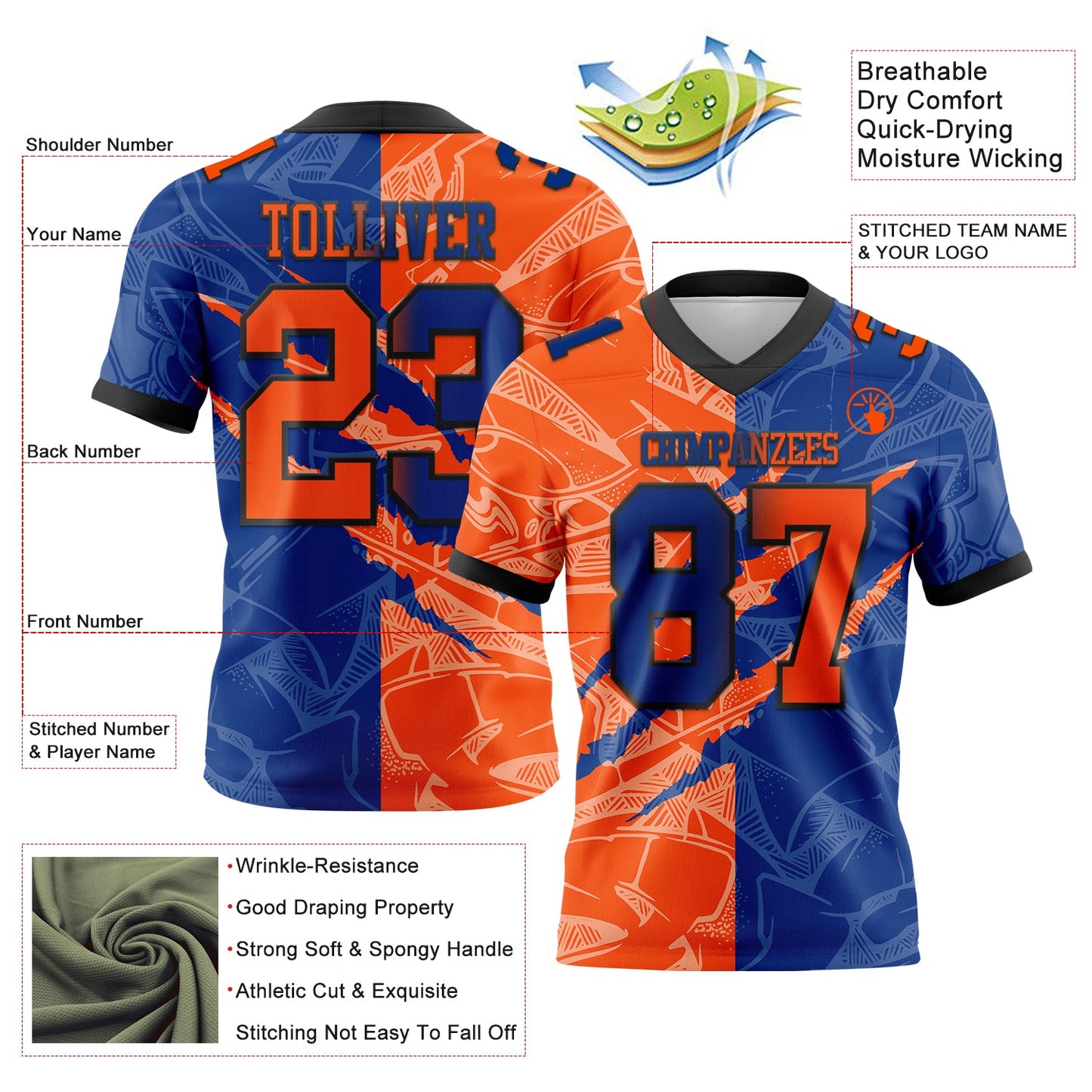 Custom Royal Orange-Black Authentic Gradient Fashion Scratch Football Jersey view 3