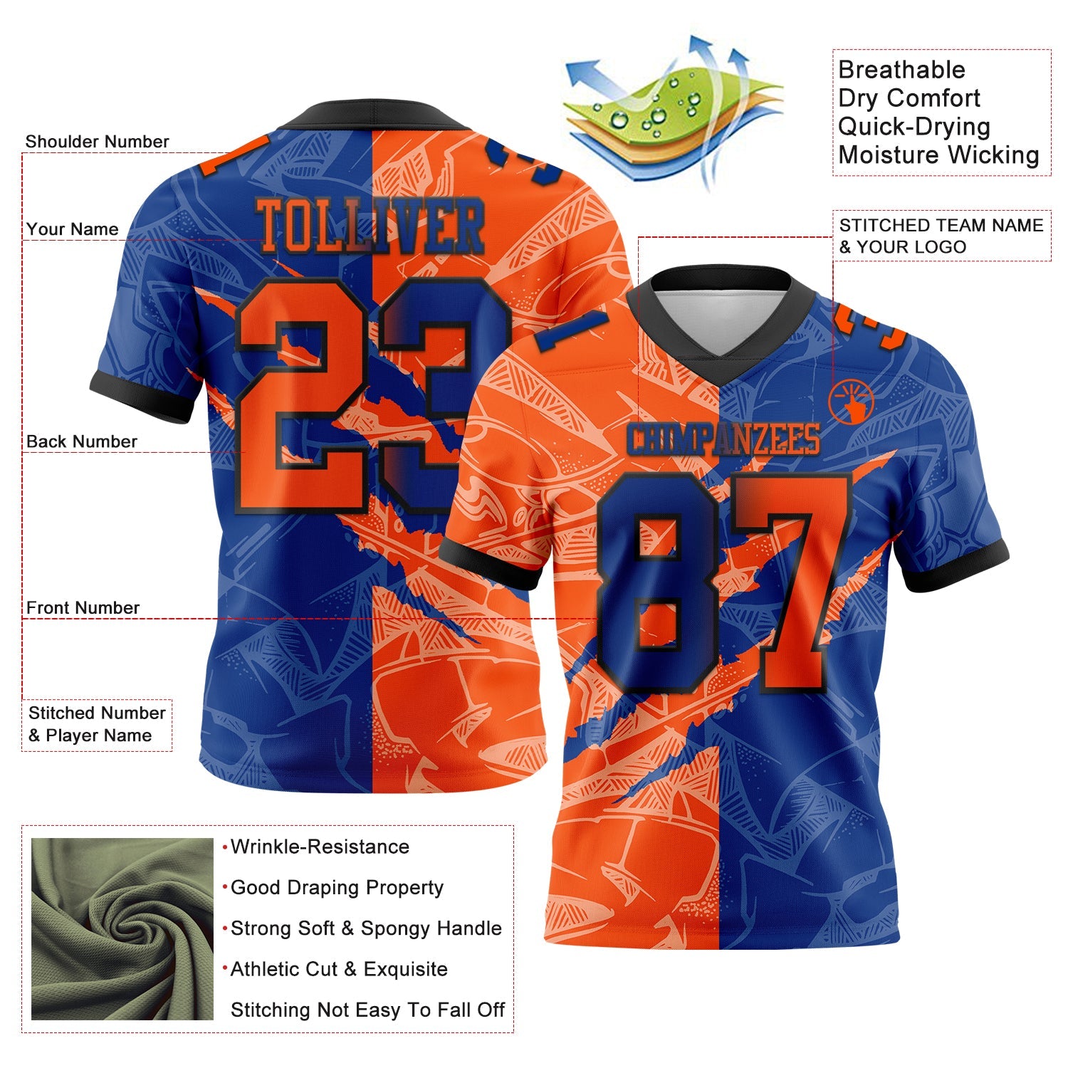 Custom Royal Orange-Black Authentic Gradient Fashion Scratch Football Jersey view 3