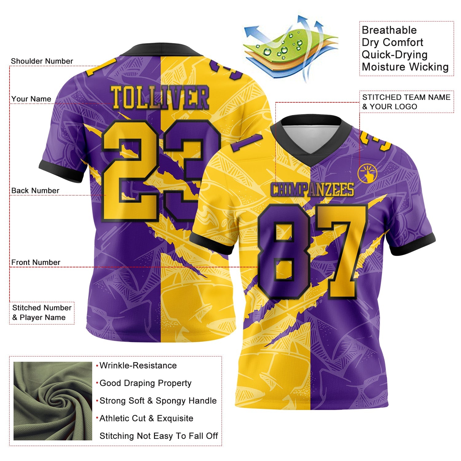 Custom Purple Yellow-Black Authentic Gradient Fashion Scratch Football Jersey view 3
