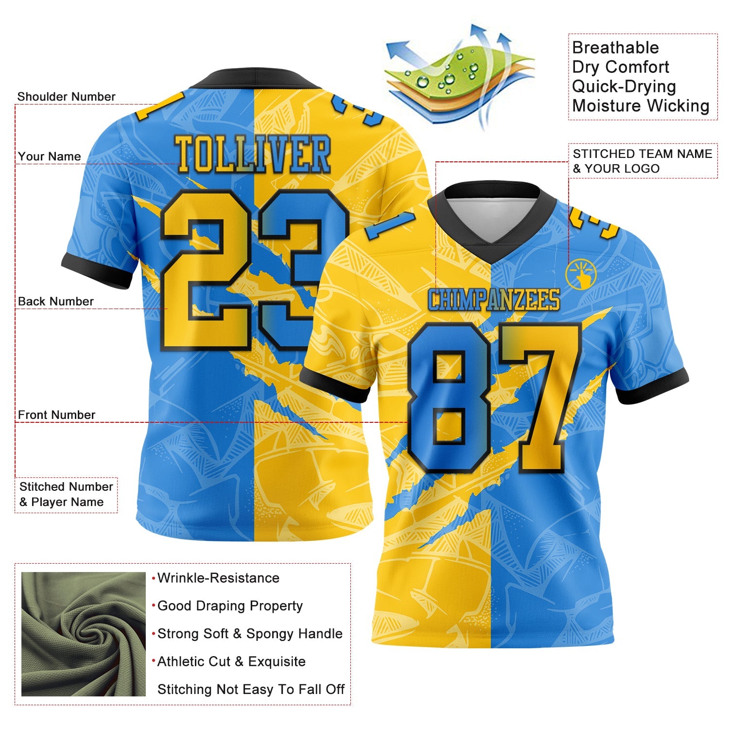 Custom Powder Blue Yellow-Black Authentic Gradient Fashion Scratch Football Jersey view 3