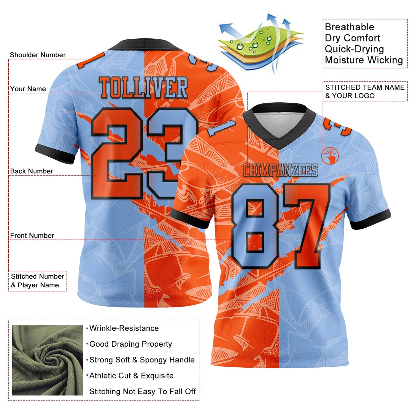 Custom Light Blue Orange-Black Authentic Gradient Fashion Scratch Football Jersey view 3