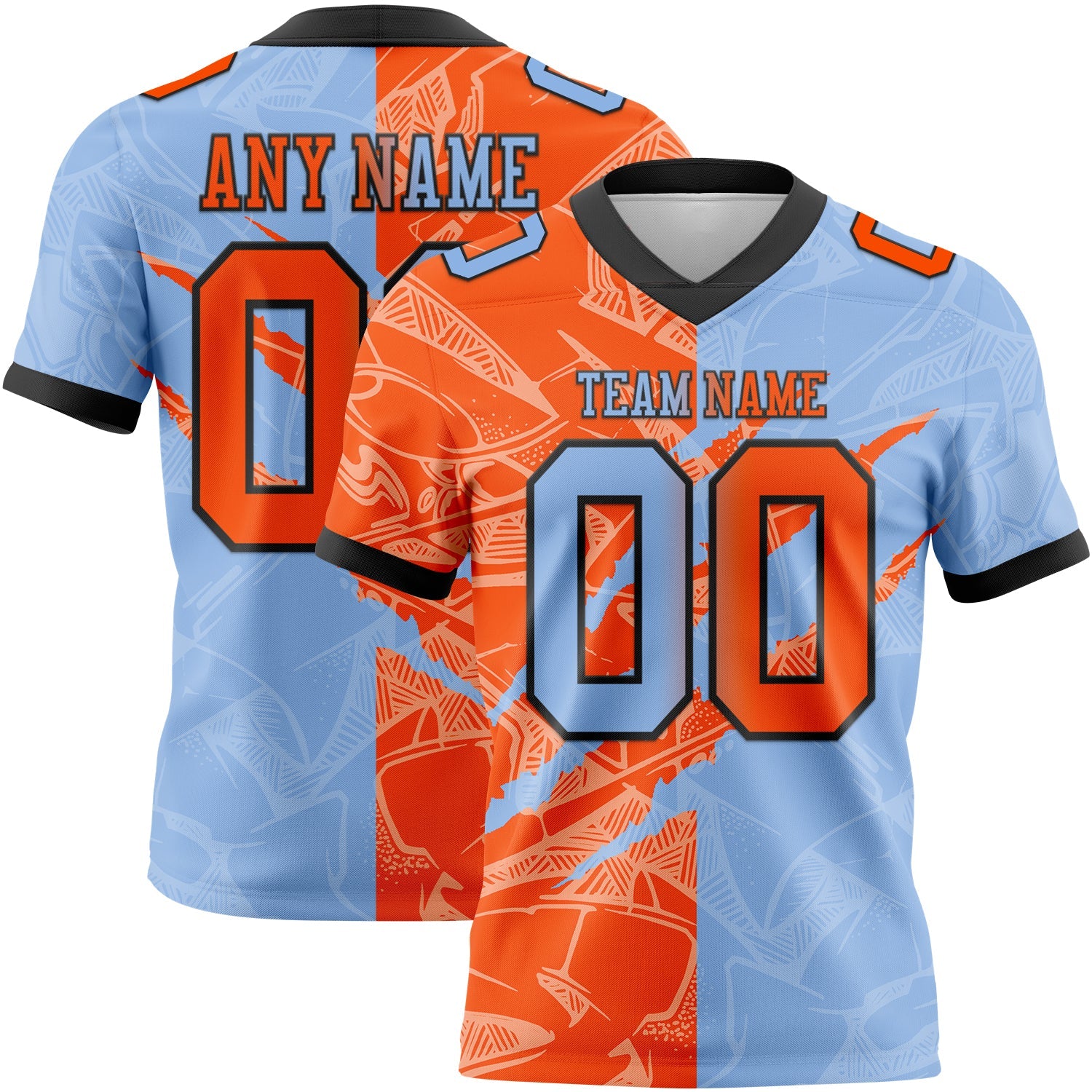 Custom Light Blue Orange-Black Authentic Gradient Fashion Scratch Football Jersey - Main View