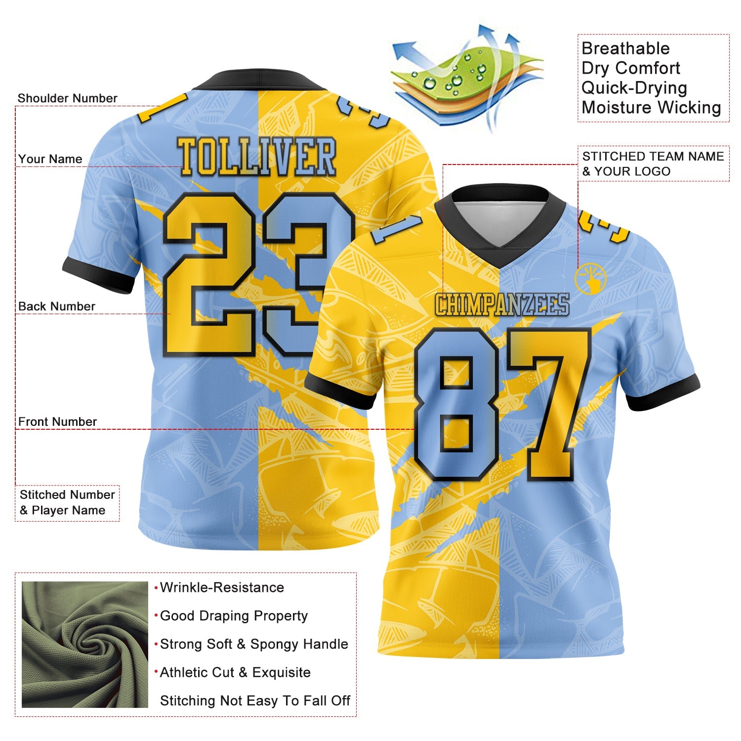 Custom Light Blue Yellow-Black Authentic Gradient Fashion Scratch Football Jersey view 3