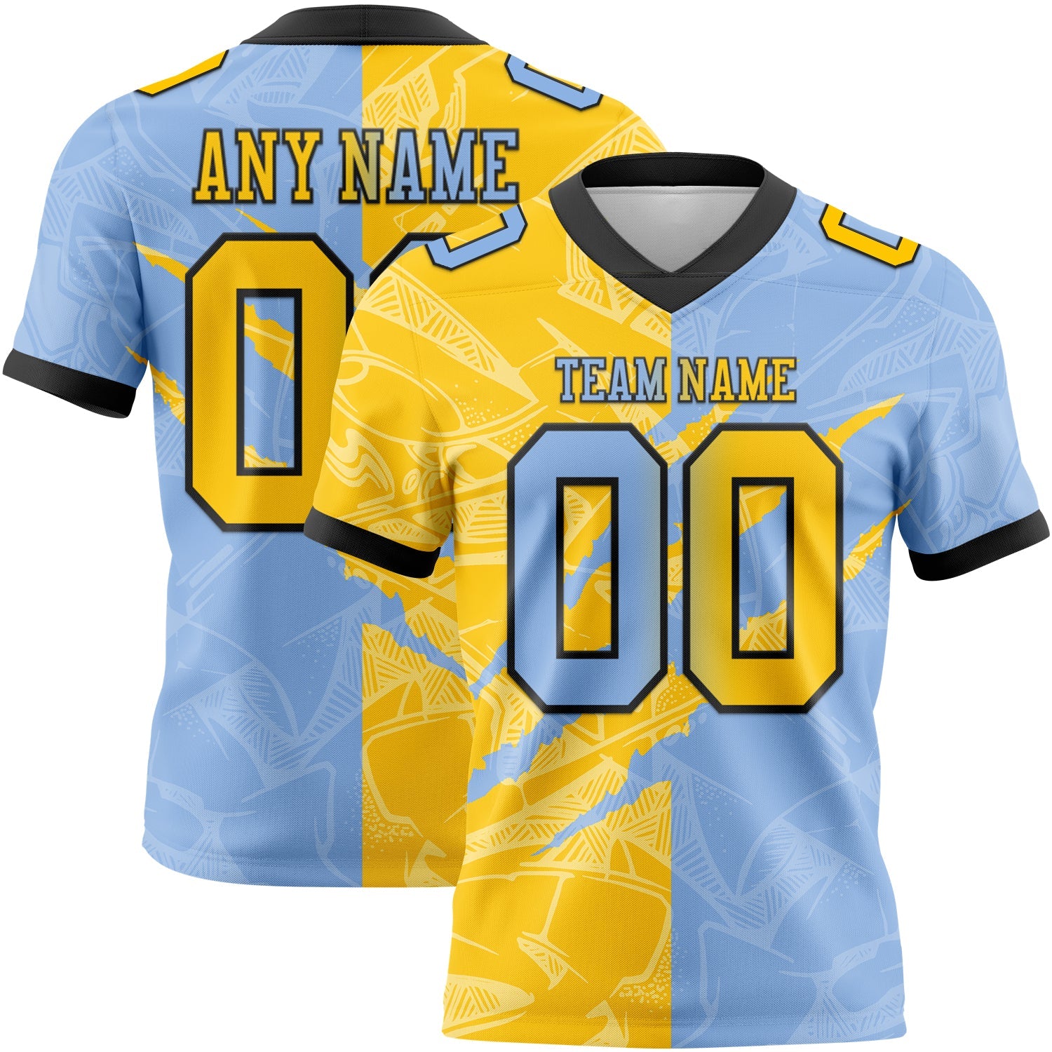 Custom Light Blue Yellow-Black Authentic Gradient Fashion Scratch Football Jersey - Main View