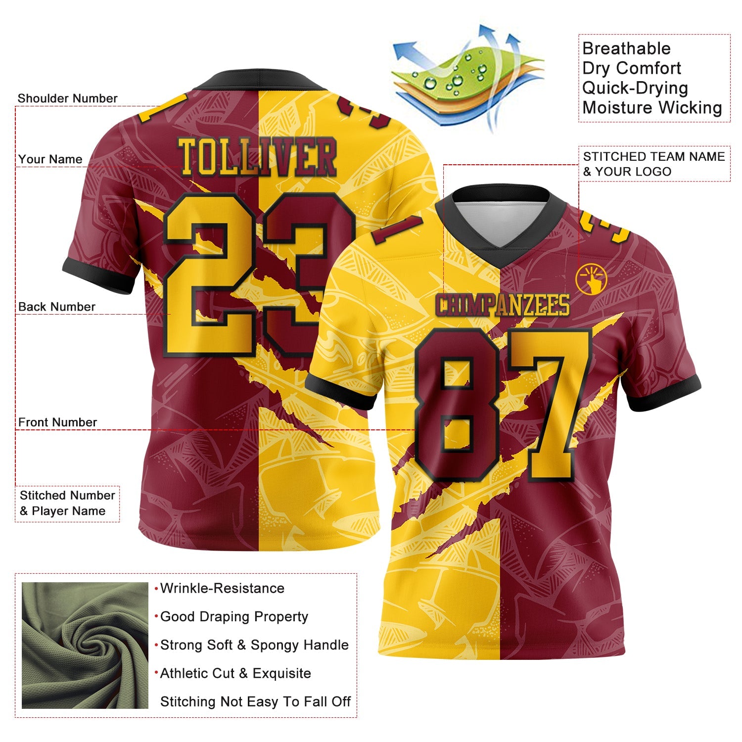 Custom Crimson Yellow-Black Authentic Gradient Fashion Scratch Football Jersey view 3