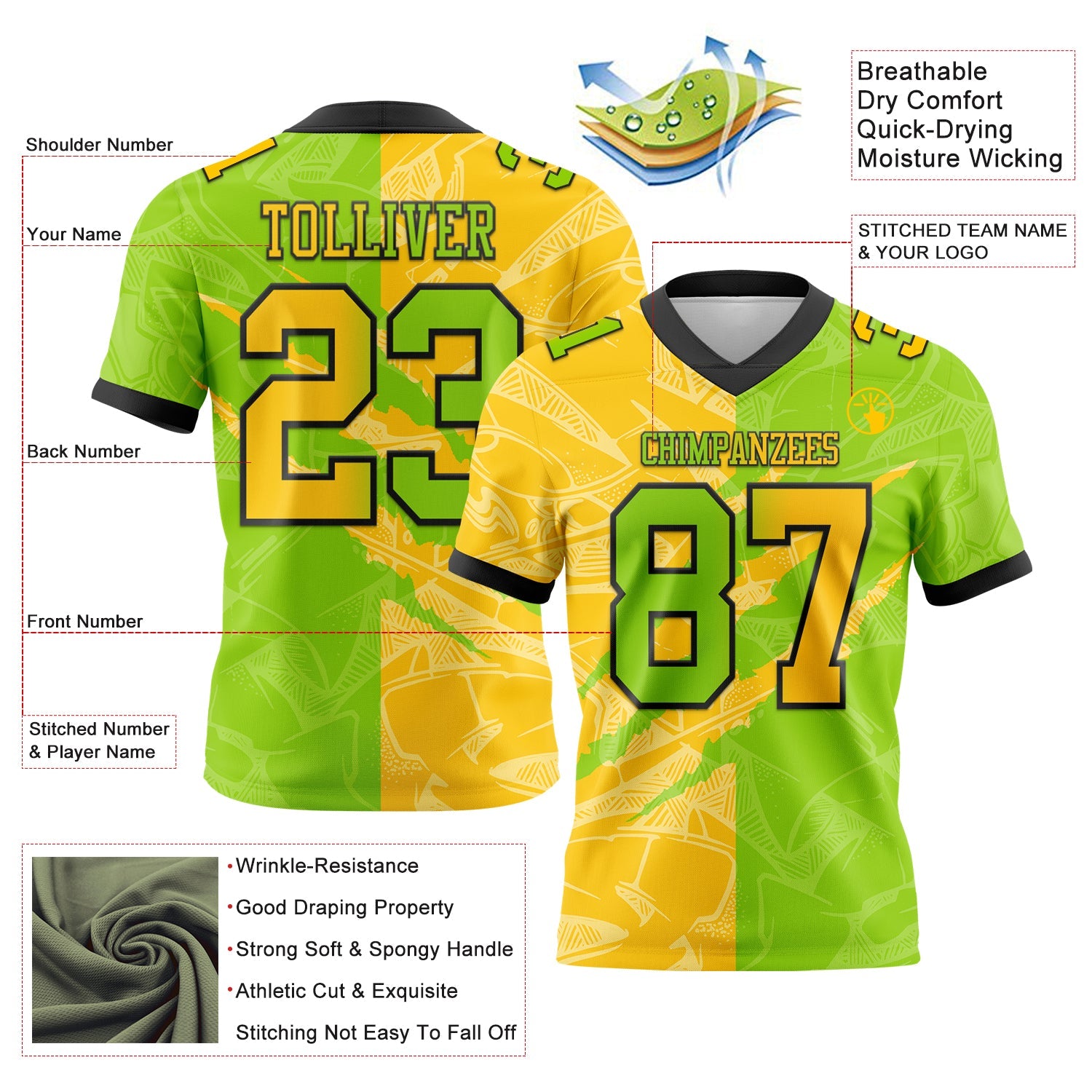 Custom Neon Green Yellow-Black Authentic Gradient Fashion Scratch Football Jersey view 3