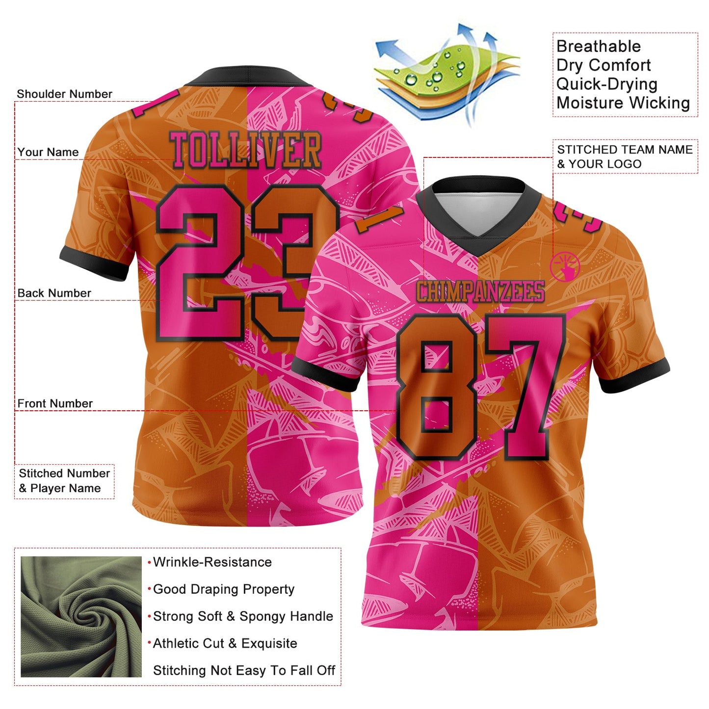 Custom Texas Orange Hot Pink-Black Authentic Gradient Fashion Scratch Football Jersey view 3