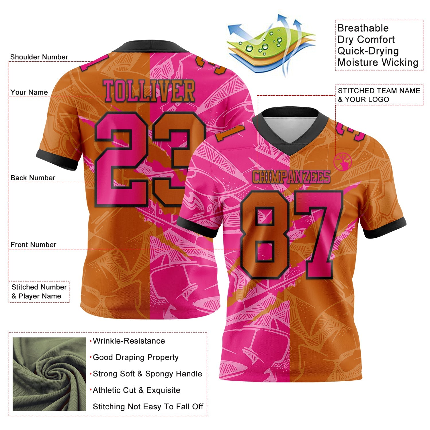 Custom Texas Orange Hot Pink-Black Authentic Gradient Fashion Scratch Football Jersey view 3