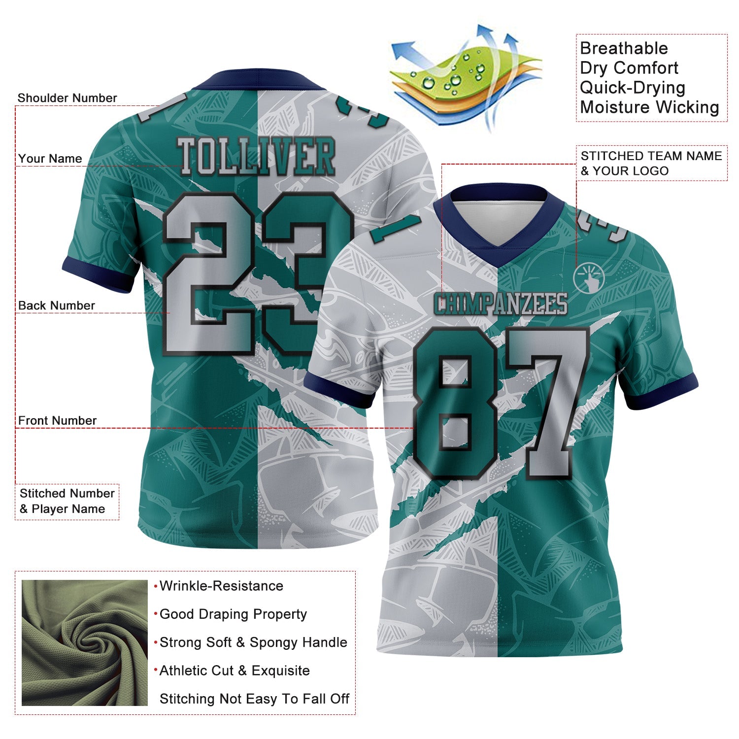 Custom Teal Gray-Navy Authentic Gradient Fashion Scratch Football Jersey view 3
