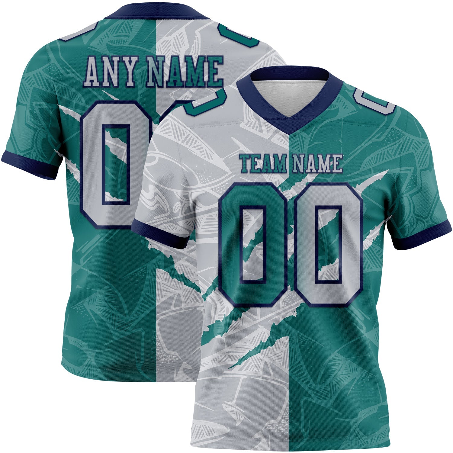 Custom Teal Gray-Navy Authentic Gradient Fashion Scratch Football Jersey - Main View