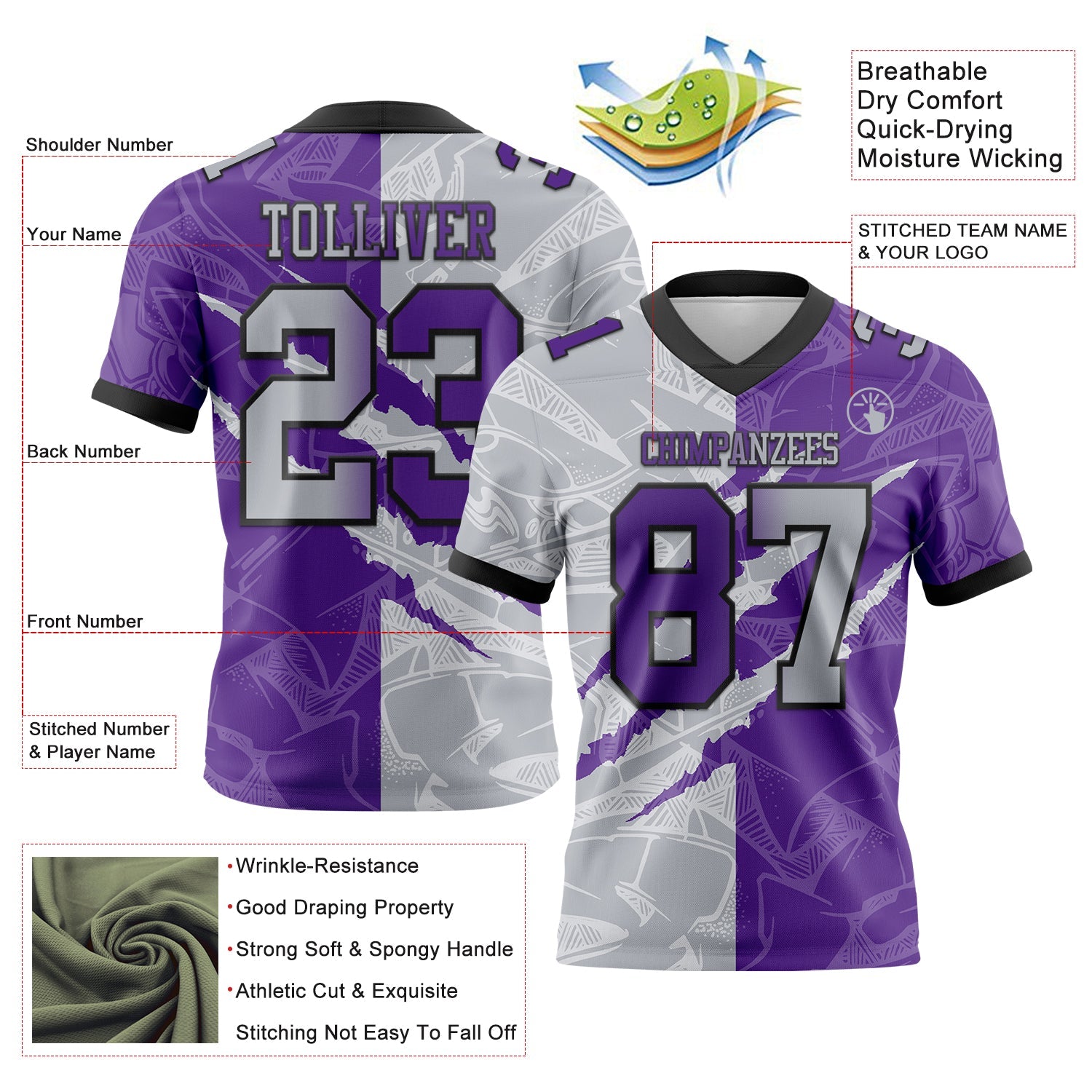 Custom Purple Gray-Black Authentic Gradient Fashion Scratch Football Jersey view 3