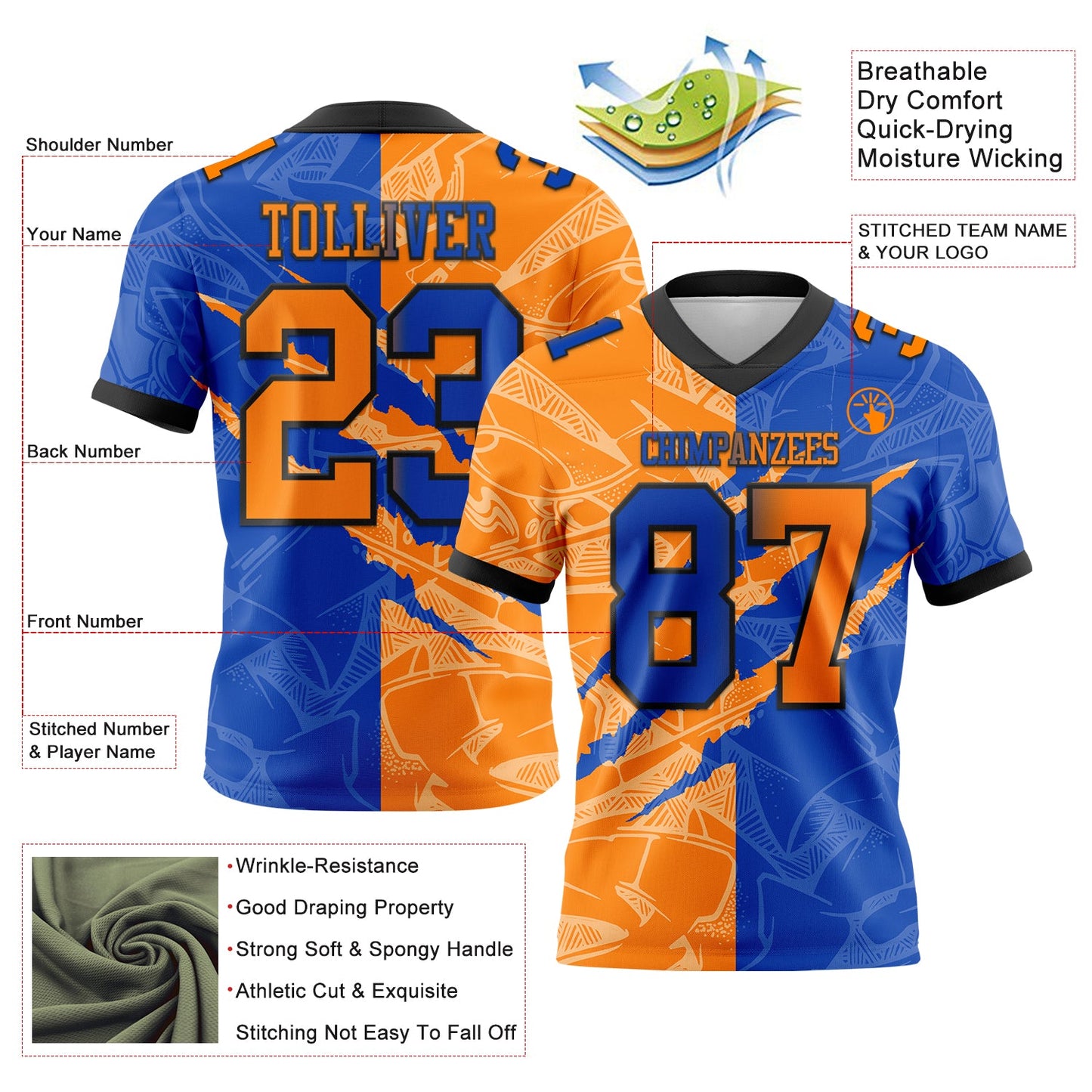 Custom Thunder Blue Bay Orange-Black Authentic Gradient Fashion Scratch Football Jersey view 3