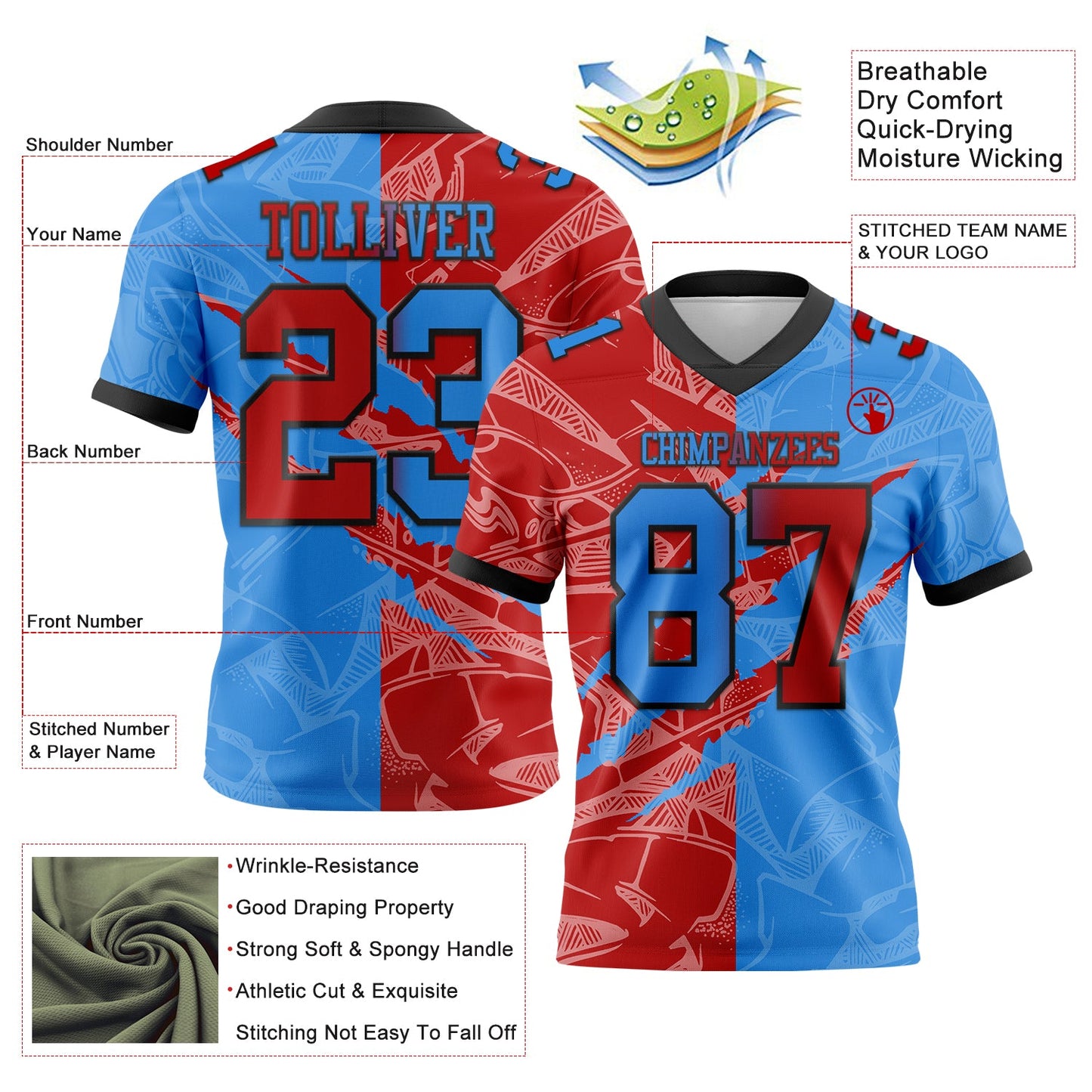 Custom Powder Blue Red-Navy Authentic Gradient Fashion Scratch Football Jersey view 3