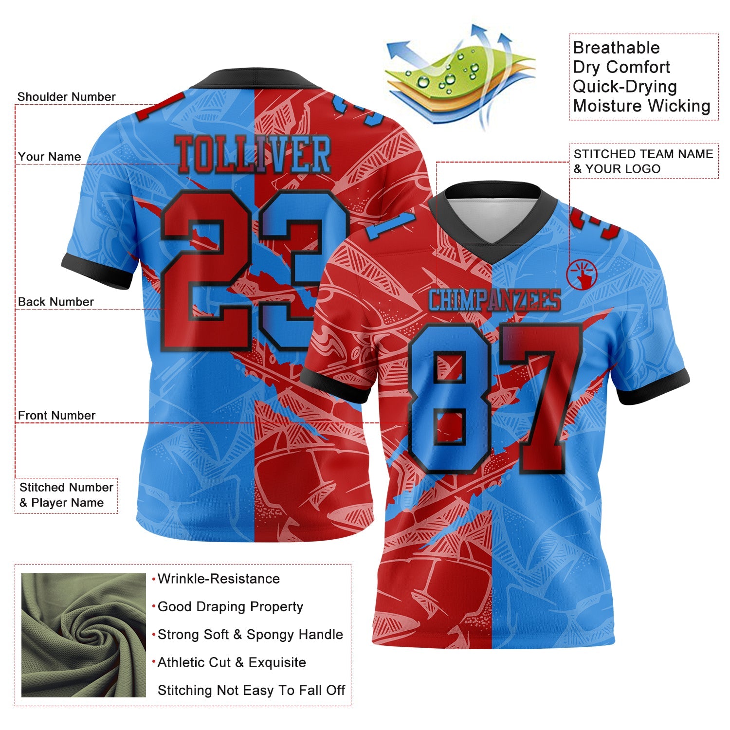 Custom Powder Blue Red-Navy Authentic Gradient Fashion Scratch Football Jersey view 3