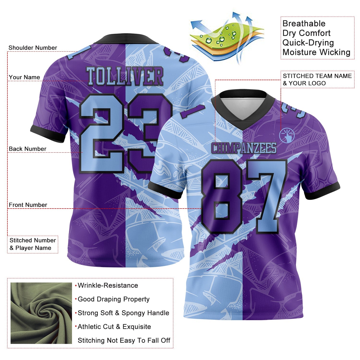 Custom Purple Light Blue-Black Authentic Gradient Fashion Scratch Football Jersey view 3