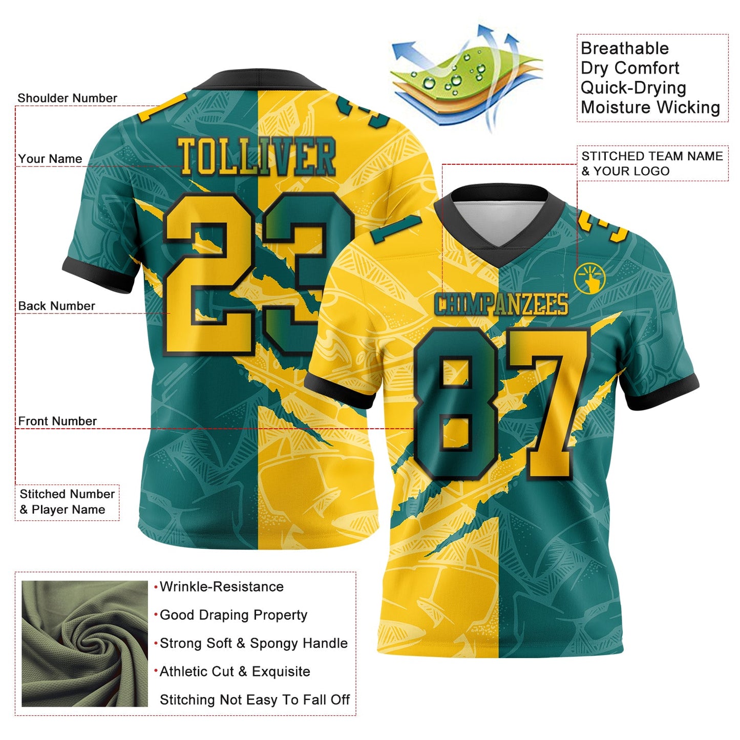 Custom Teal Yellow-Black Authentic Gradient Fashion Scratch Football Jersey view 3