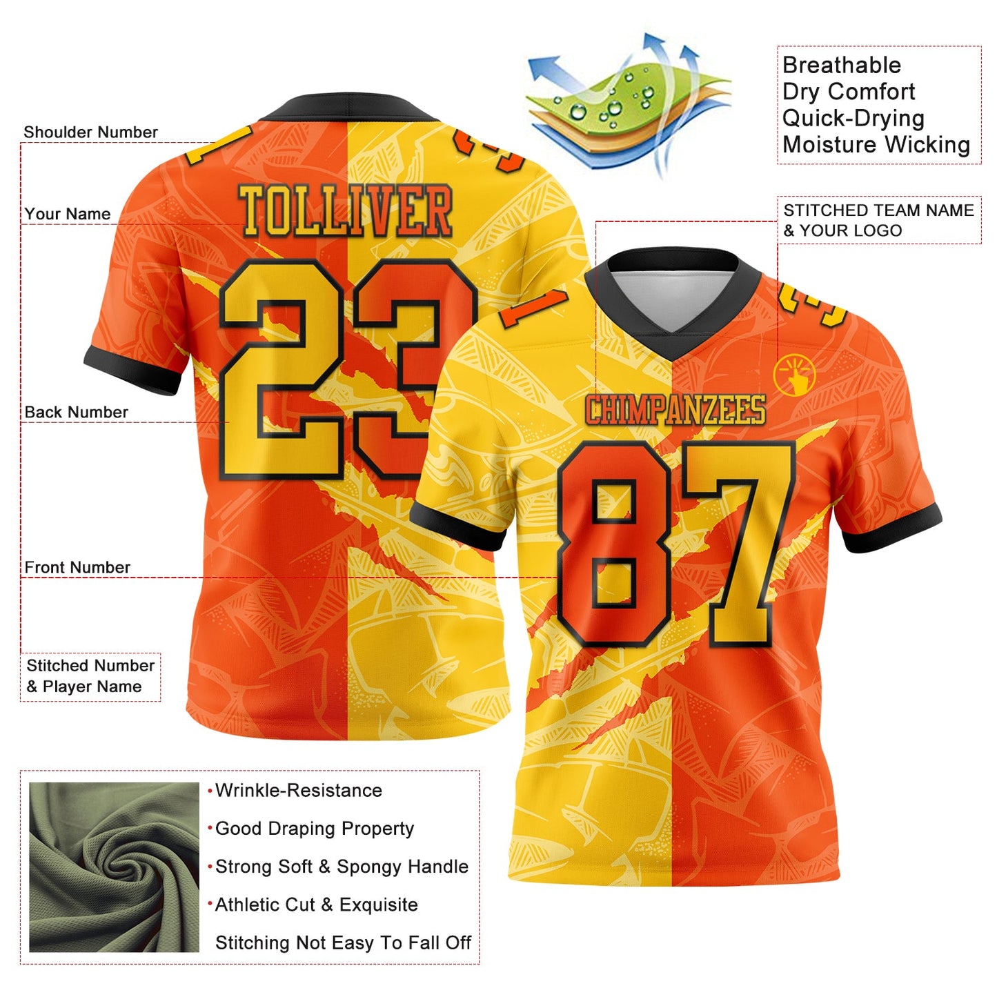Custom Orange Yellow-Black Authentic Gradient Fashion Scratch Football Jersey view 3