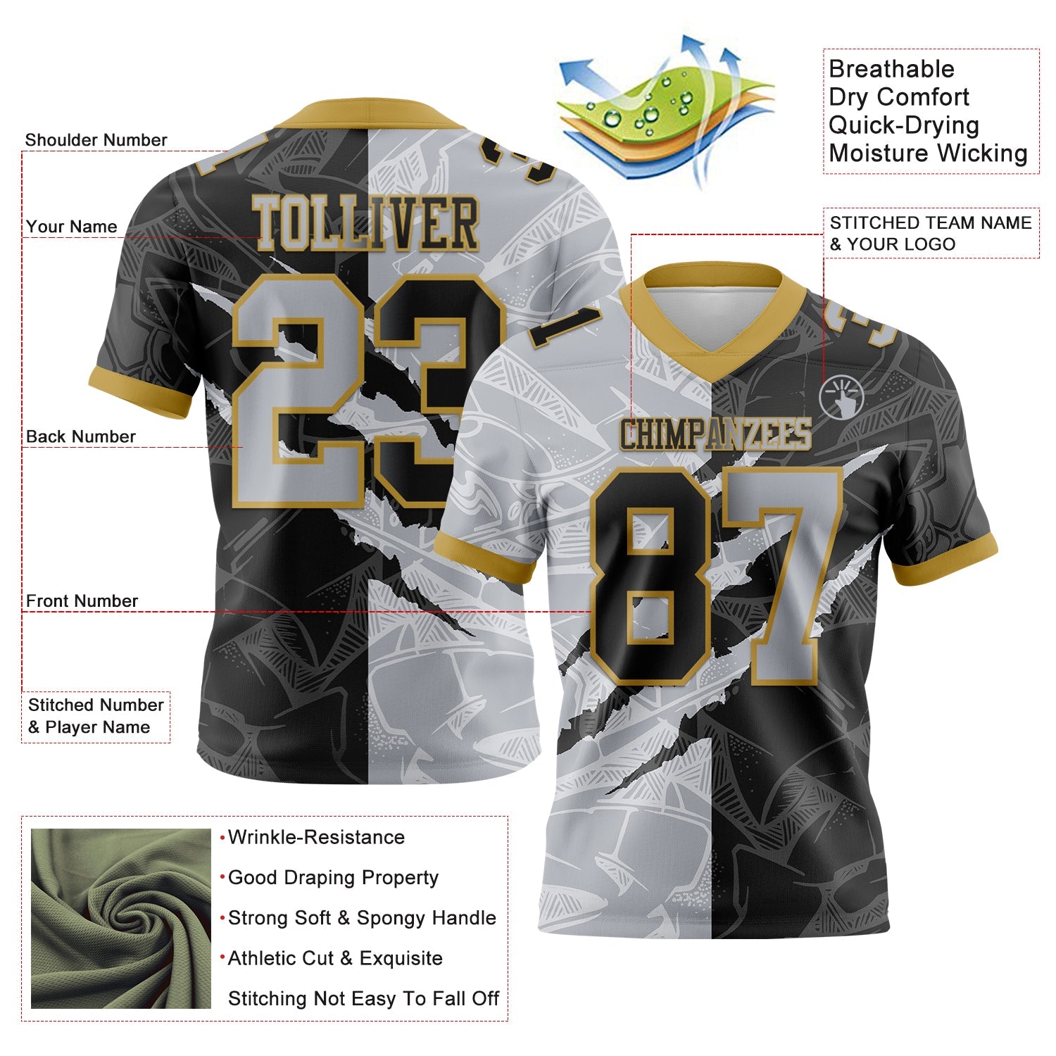 Custom Black Gray-Old Gold Authentic Gradient Fashion Scratch Football Jersey view 3
