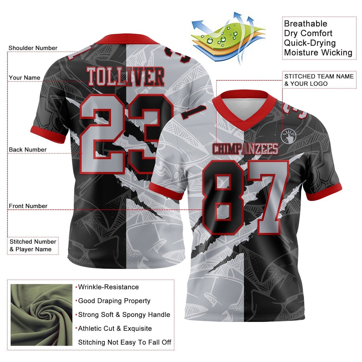 Custom Black Gray-Red Authentic Gradient Fashion Scratch Football Jersey view 3