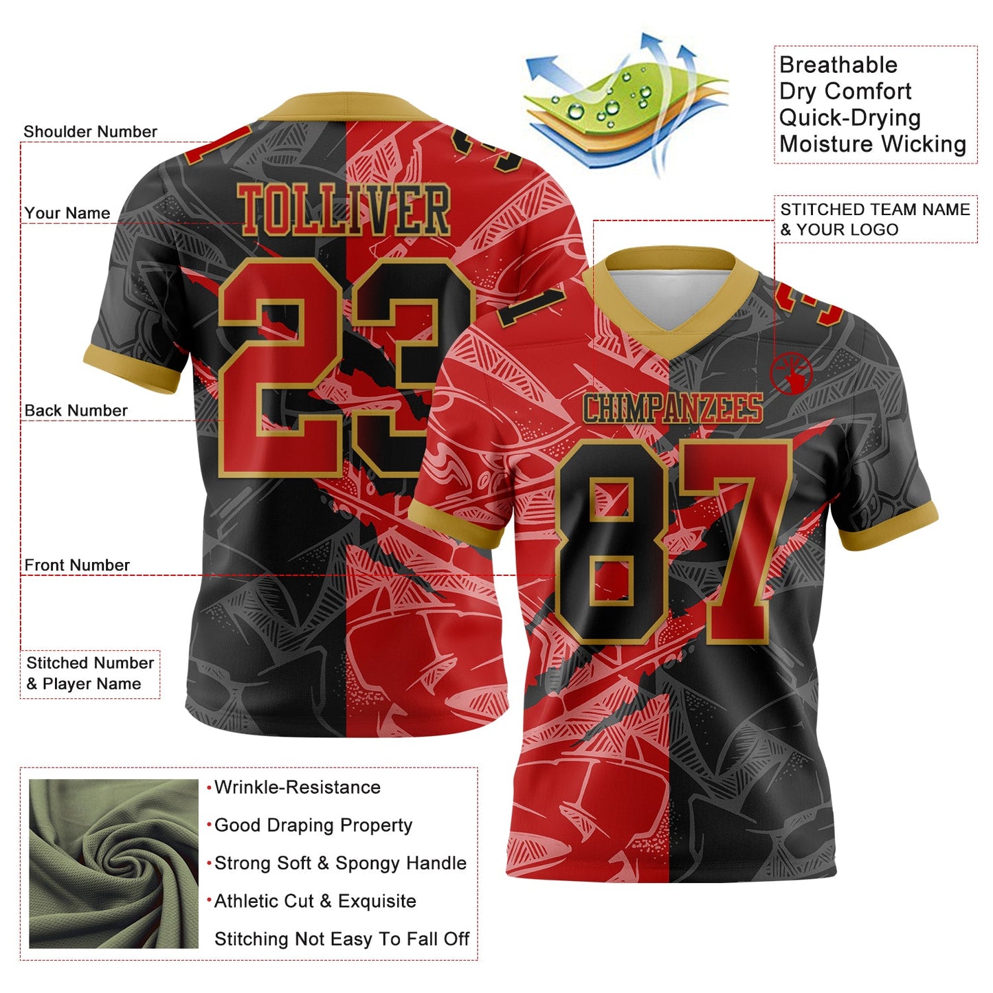 Custom Black Red-Old Gold Authentic Gradient Fashion Scratch Football Jersey view 3