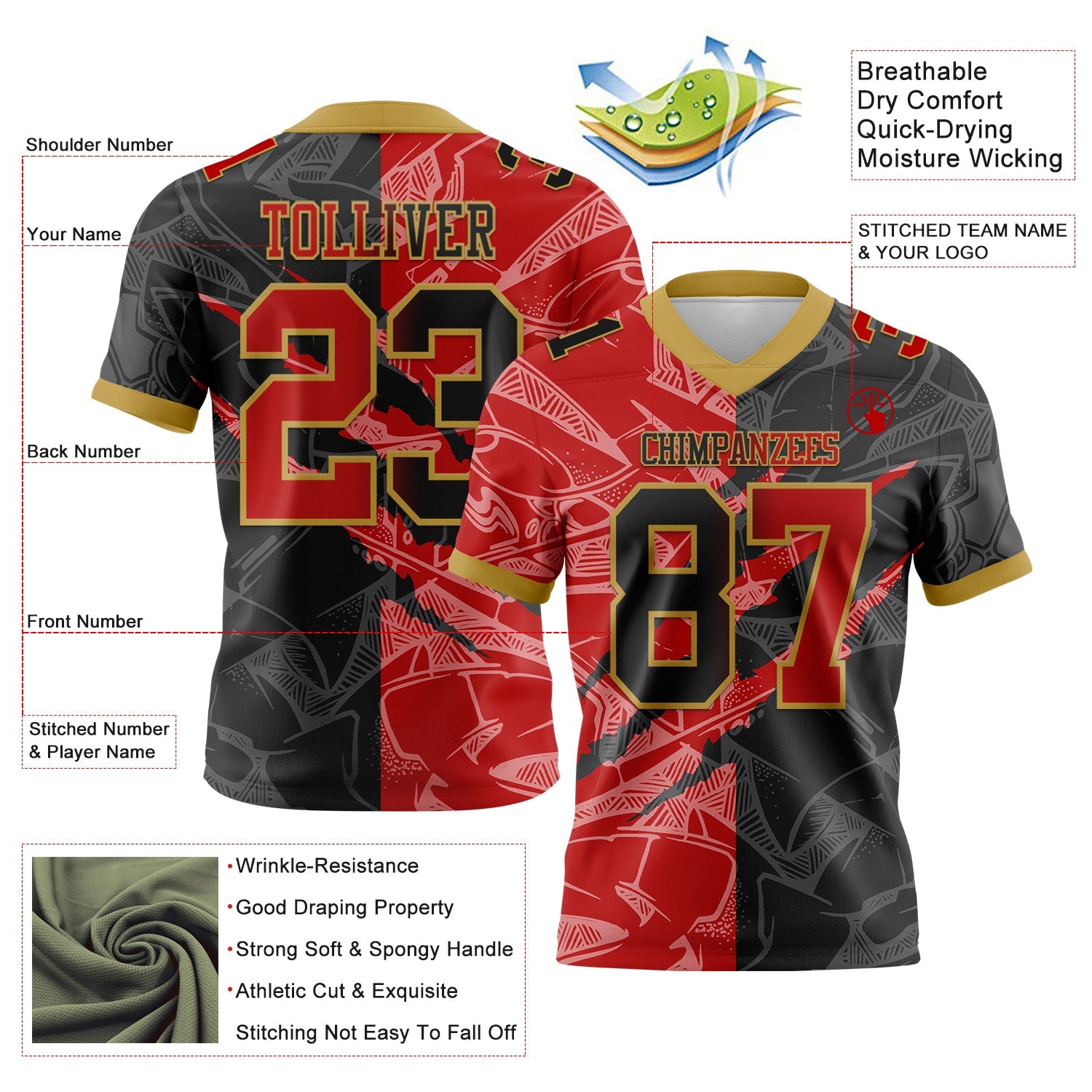 Custom Black Red-Old Gold Authentic Gradient Fashion Scratch Football Jersey view 3