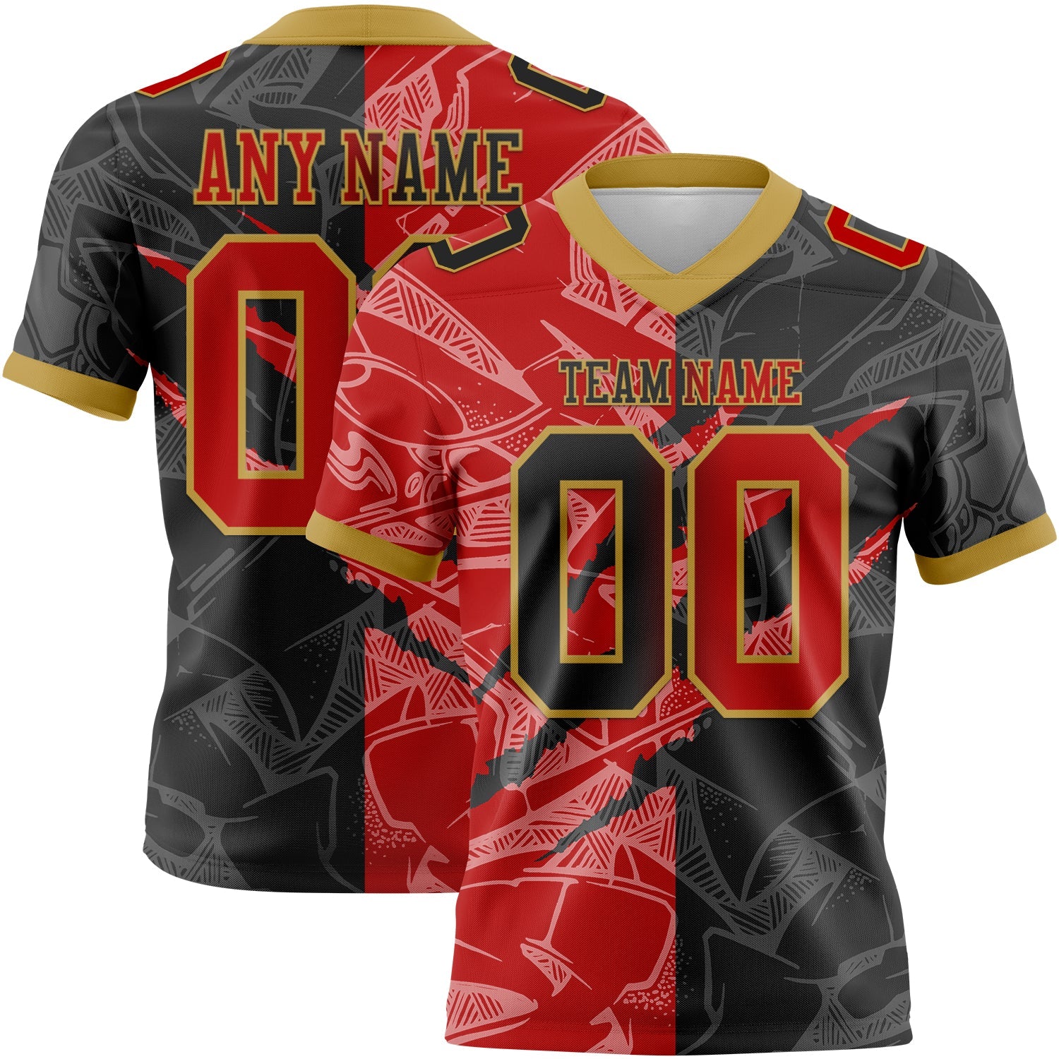 Custom Black Red-Old Gold Authentic Gradient Fashion Scratch Football Jersey - Main View