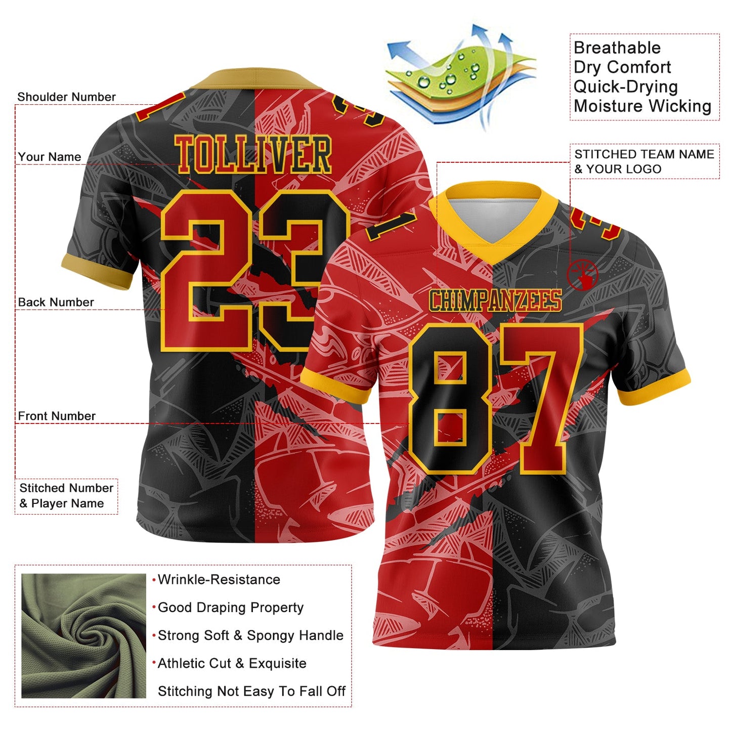 Custom Black Red-Gold Authentic Gradient Fashion Scratch Football Jersey view 3