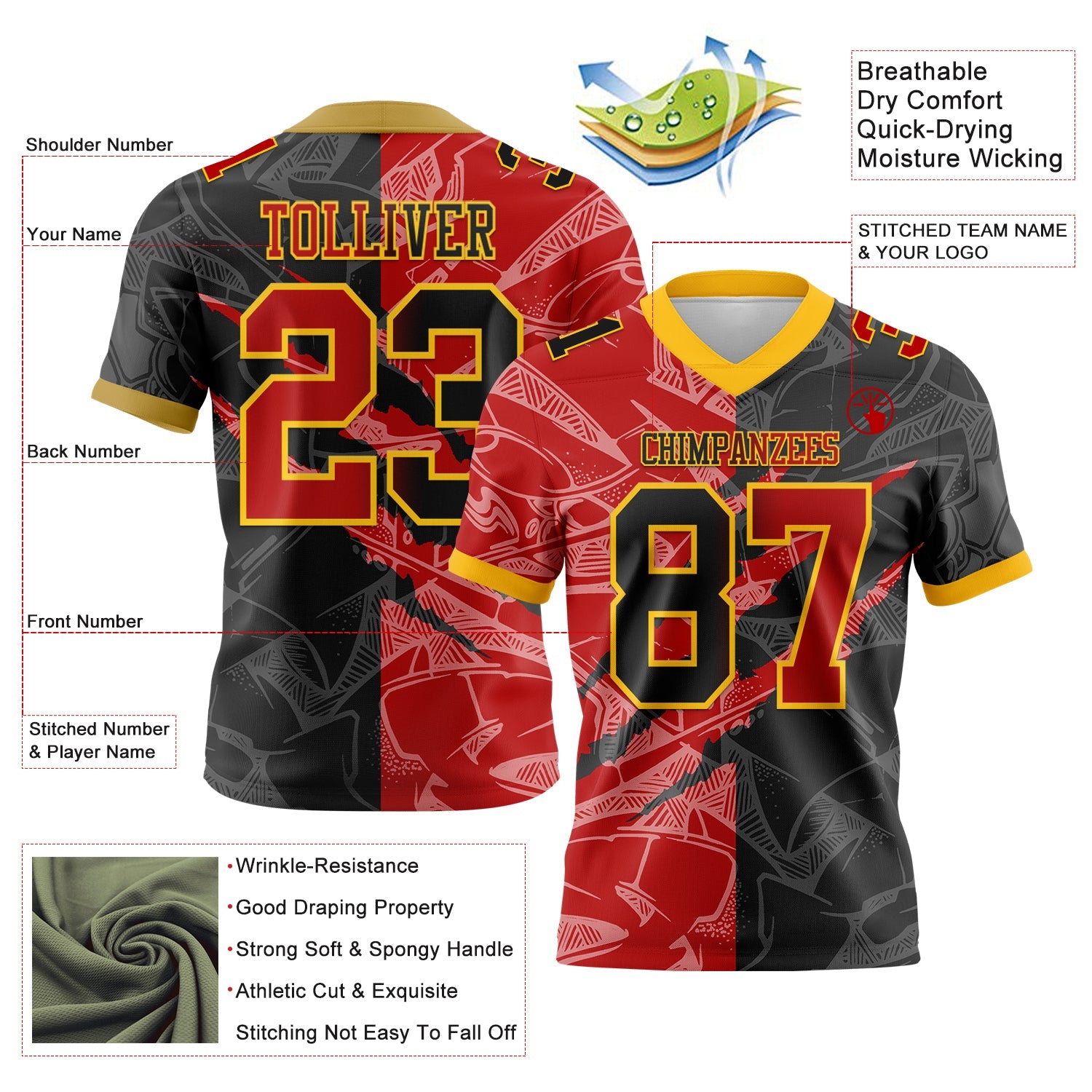 Custom Black Red-Gold Authentic Gradient Fashion Scratch Football Jersey view 3