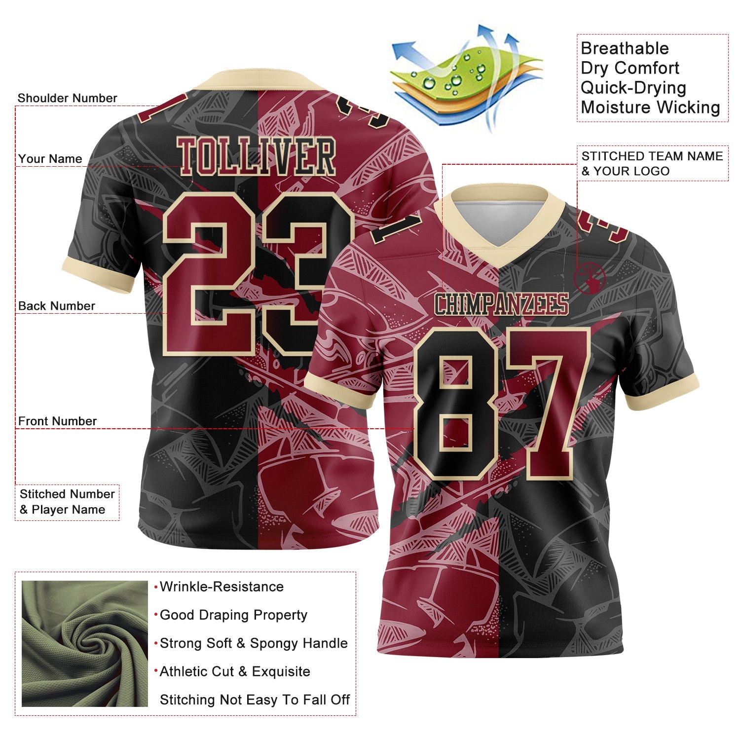 Custom Black Crimson-Cream Authentic Gradient Fashion Scratch Football Jersey view 3
