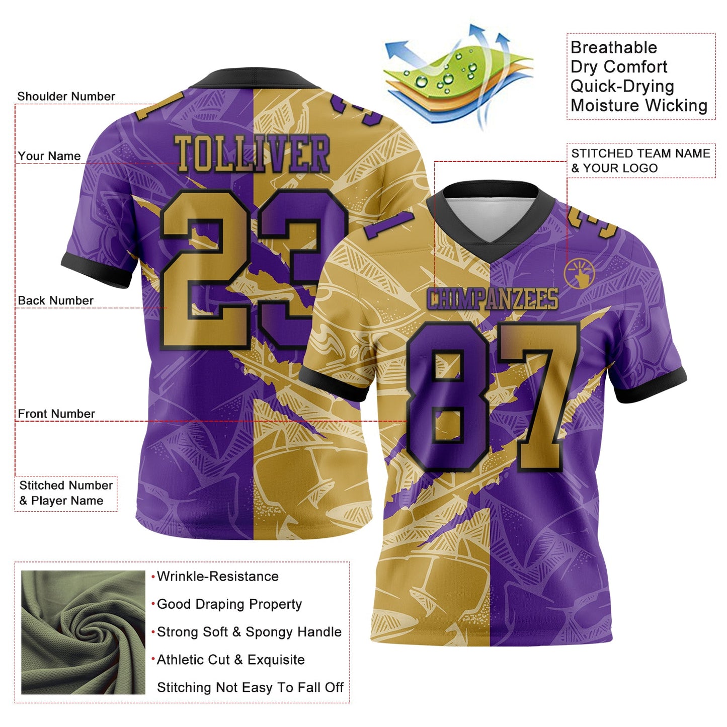 Custom Purple Old Gold-Black Authentic Gradient Fashion Scratch Football Jersey view 3