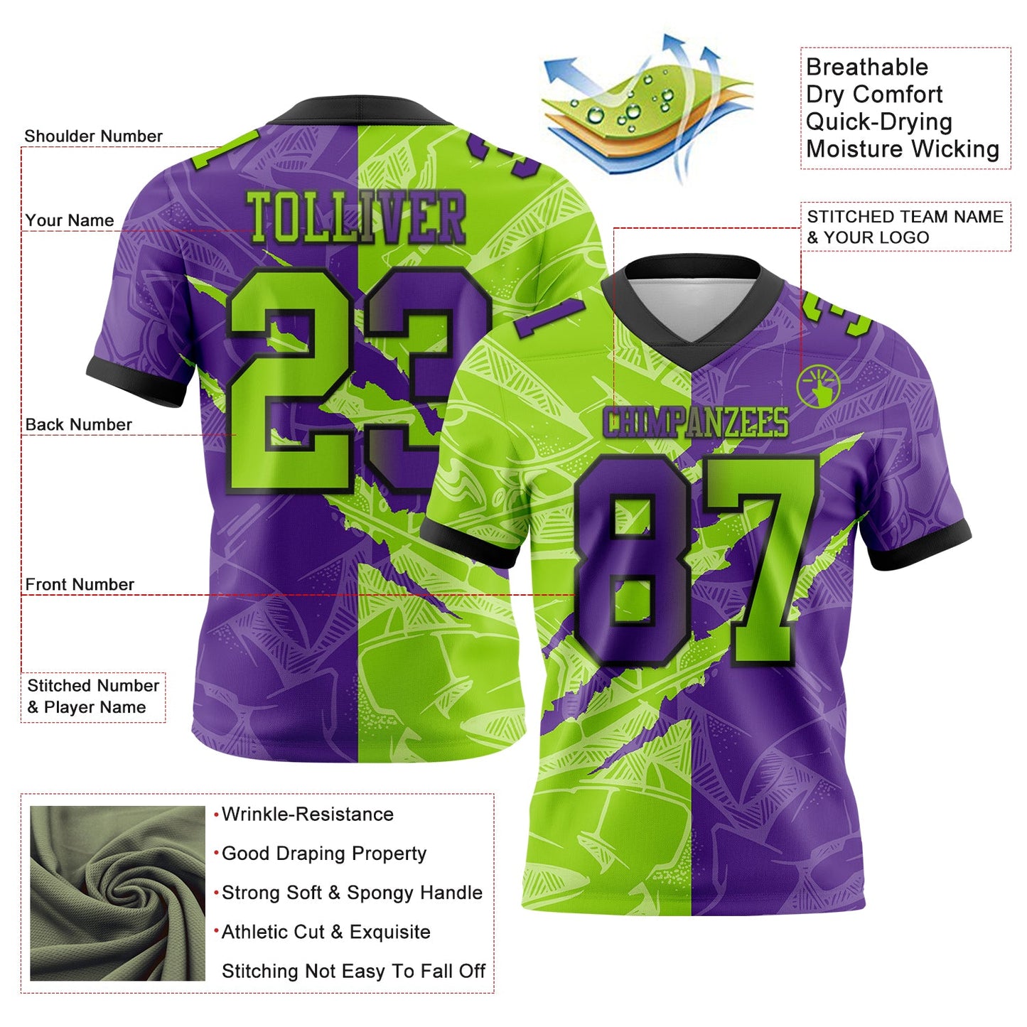 Custom Purple Neon Green-Black Authentic Gradient Fashion Scratch Football Jersey view 3