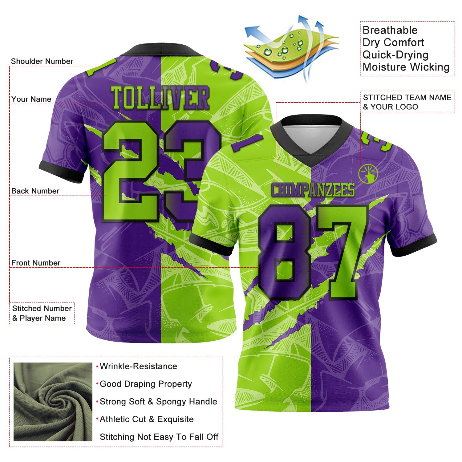 Custom Purple Neon Green-Black Authentic Gradient Fashion Scratch Football Jersey view 3