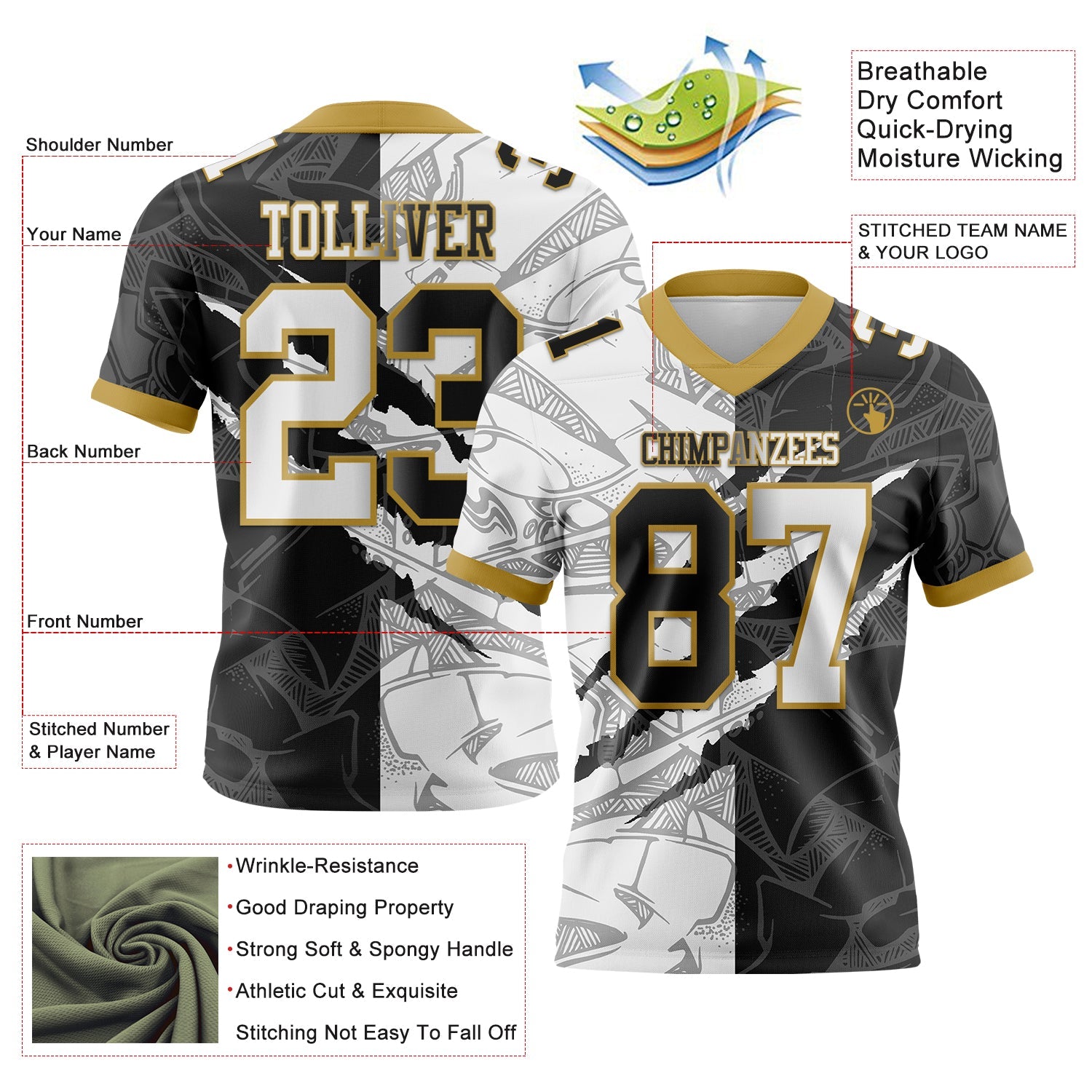 Custom Black White-Old Gold Authentic Gradient Fashion Scratch Football Jersey view 3