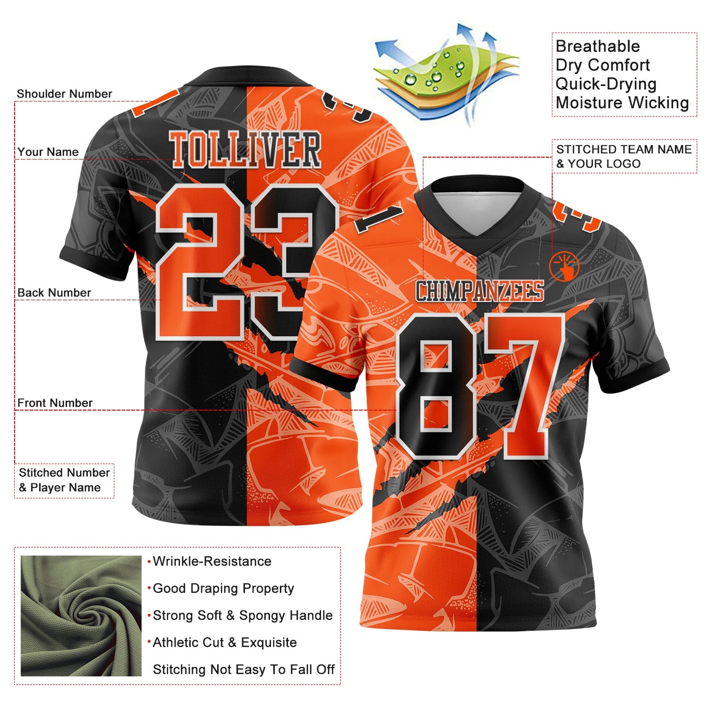 Custom Black Orange-White Authentic Gradient Fashion Scratch Football Jersey view 3