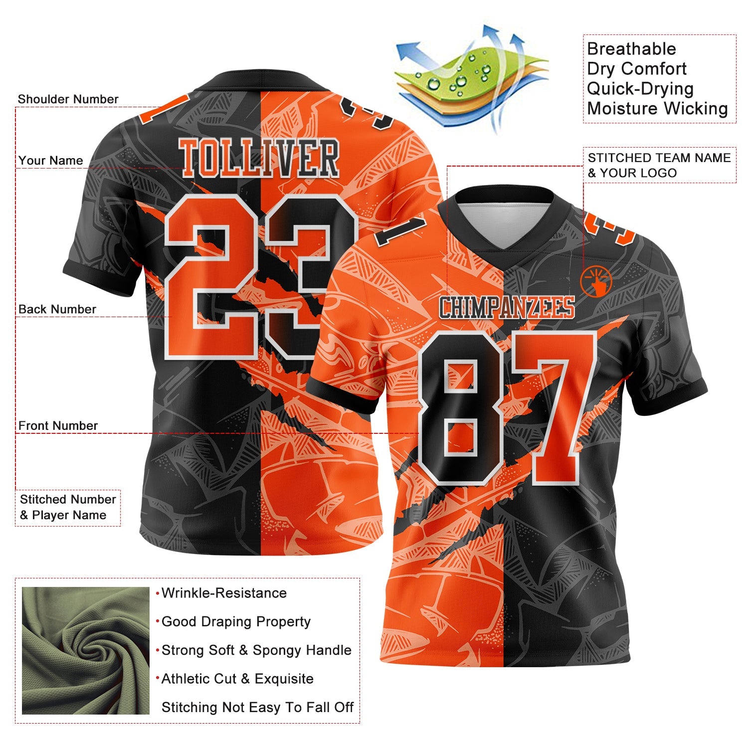 Custom Black Orange-White Authentic Gradient Fashion Scratch Football Jersey view 3