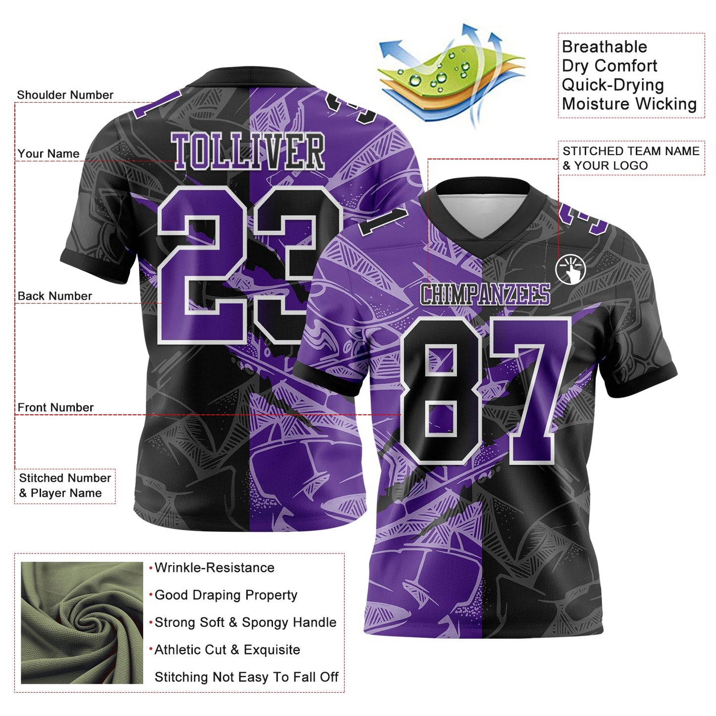 Custom Black Purple-White Authentic Gradient Fashion Scratch Football Jersey view 3