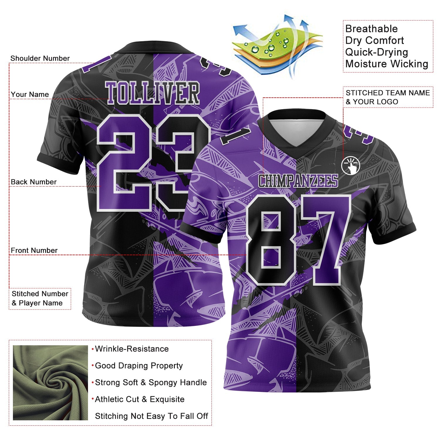 Custom Black Purple-White Authentic Gradient Fashion Scratch Football Jersey view 3